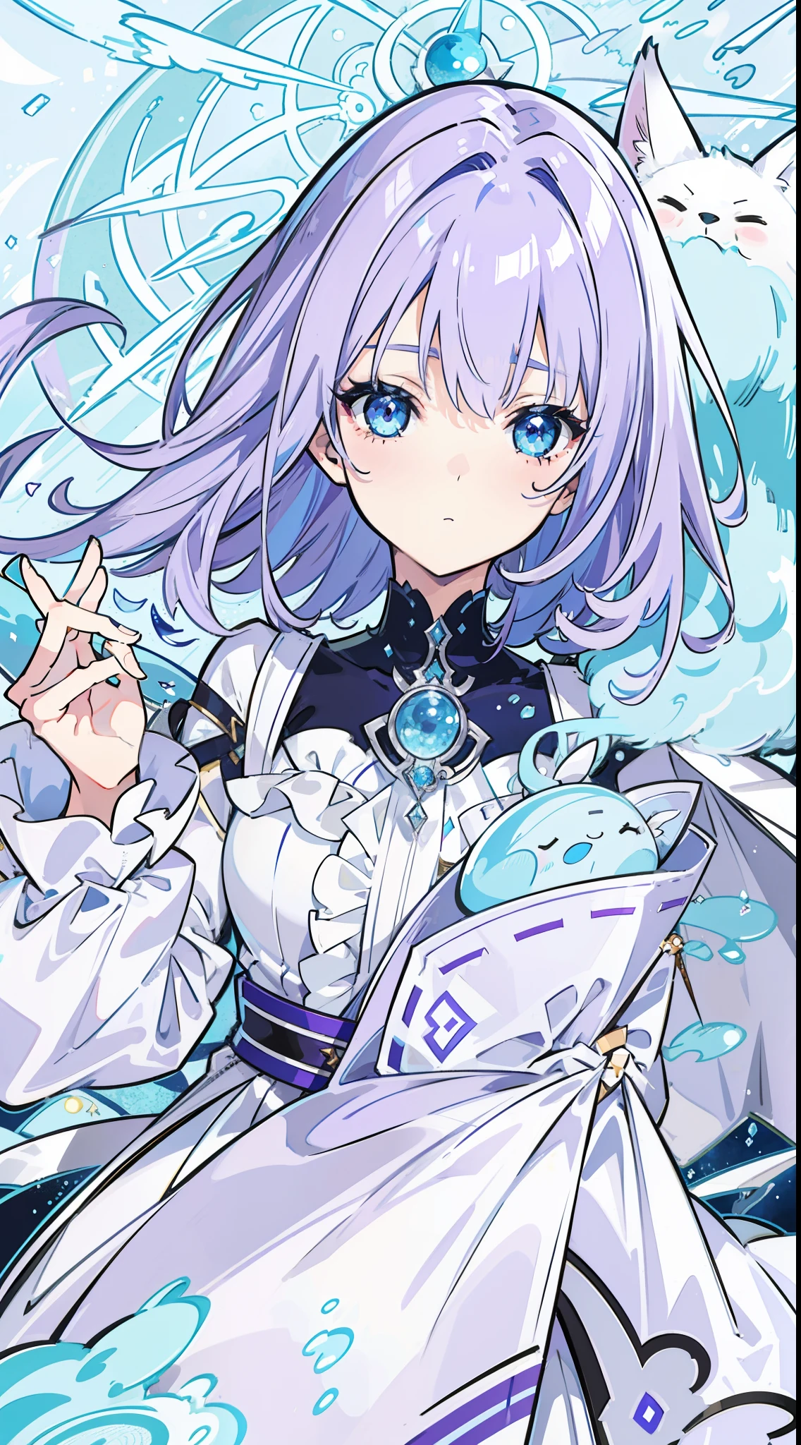 Light purple hair、8K、top-quality、A detailed eye、Detailed skin、Lilac、A beautiful Blue eyes、A detailed eye、8K、masutepiece、waved hair、(Medium Hair)、​masterpiece, top-quality, realisitic, The ultra-detailliert, Slimed, colourfull, Ridiculous, see the beholder, Light purple hair, Blue eyes, dynamic light and shadow, hight resolution, foco nítido, depth of fields, Detail Eyes, Sharp pupils, Realistic pupils,