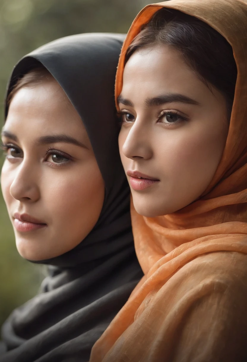 Design a heartfelt and emotionally charged movie poster that encapsulates the complexities of a love triangle. Show the protagonist torn between two malay women in hijab, each with their own unique qualities and personalities. Use color, composition, and expressions to convey the emotional turmoil and drama of this romantic entanglement. Explore visual symbolism that represents the choices and consequences of love. Create a poster that resonates with viewers, evoking a sense of empathy and anticipation for the emotional journey depicted in the film