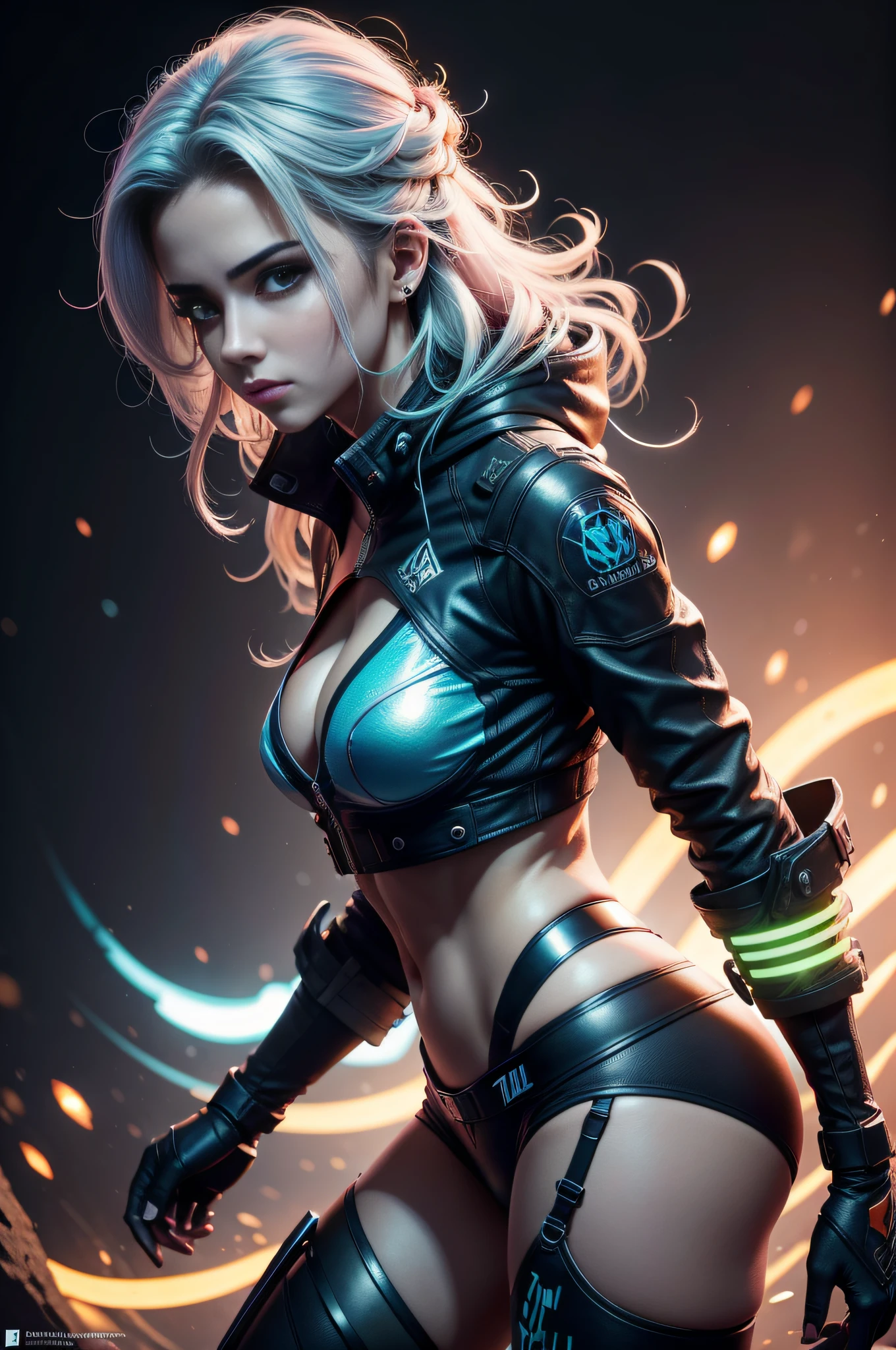 ((melhor qualidade)), ((tmasterpiece)), (um detalhado:1.4), ....3d, Belas imagens de mulheres cyberpunk,Vestindo jaqueta azul neon ,cabelos com mechas coloridas desarrumados , olhos azuis , pernas grossas e volumosas , visible and defined belly , HDR(HighDynamicRange),Traching de raias,NVIDIA RTX,Hyper-Resolution,Unreal 5,sub surface scattering,Texturas PBR,Post-processing,anisotropic filtering,profundidade de campos,Maximum clarity and sharpness,Texturas de muitas camadas,Albedo e mapas Speculares,Surface Coloring,Precise simulation of light-material interactions,perfectly proportions,rendering by octane,dual-tone lighting,ampla abertura,ISO baixo,White balance,Tricotomia,Dados brutos 8K,tmasterpiece,melhor qualidade,(8k muito detalhado CG unidade wallpaper)(melhor qualidade),(best illustration),(melhor sombra)Na cidade abandonada,futuro sombrio,AOL Bright orange sunset(:1. 6),texturas de pele realista , realistic skin coloring , muito detalhado , meigo , intimidador ao mesmo tempo , mulher forte , moto ao fundo