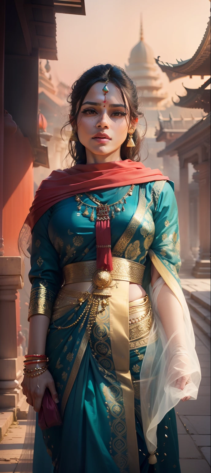 Don't change face, temple background, Saree, jewelry, realistic face, 8k full quality,