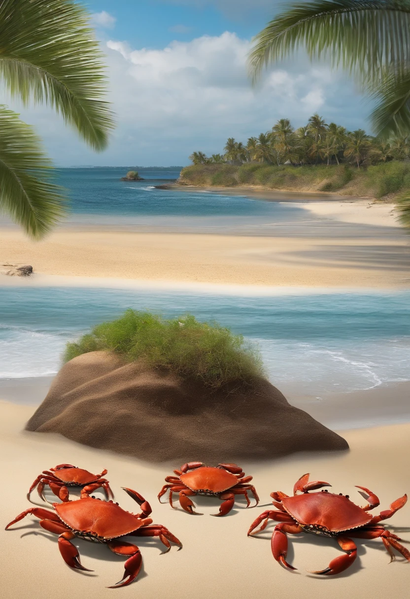 the beach、4 crabs、1 is big、Walking