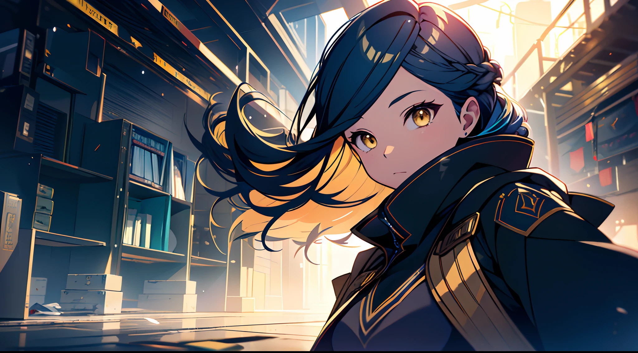 1 mature girl with long blue hair and yellow eyes looking at camera, alone, High detail mature face, long blue hair, tie hair, golden eyes, dark cloth, yellow cloak, high res, ultra sharp, 8k, masterpiece, looking at viewer, Sharp eyes, magical explosion, fantasy magical building, people ride on the beast, School Dorm, ((Best quality)), ((masterpiece)), 3D, HDR (High Dynamic Range),Ray Tracing, NVIDIA RTX, Super-Resolution, Unreal 5,Subsurface scattering, PBR Texturing, Post-processing, Anisotropic Filtering, Depth-of-field, Maximum clarity and sharpness, Multi-layered textures, Albedo and Specular maps, Surface shading, Accurate simulation of light-material interaction, Perfect proportions, Octane Render, Two-tone lighting, Wide aperture, Low ISO, White balance, Rule of thirds,8K RAW, Aura, masterpiece, best quality, Mysterious expression, magical effects like sparkles or energy, flowing robes or enchanting attire, mechanic creatures or mystical background, rim lighting, side lighting, cinematic light, ultra high res, 8k uhd, film grain, best shadow, delicate, RAW, light particles, detailed skin texture, detailed cloth texture, beautiful face, fighting stance