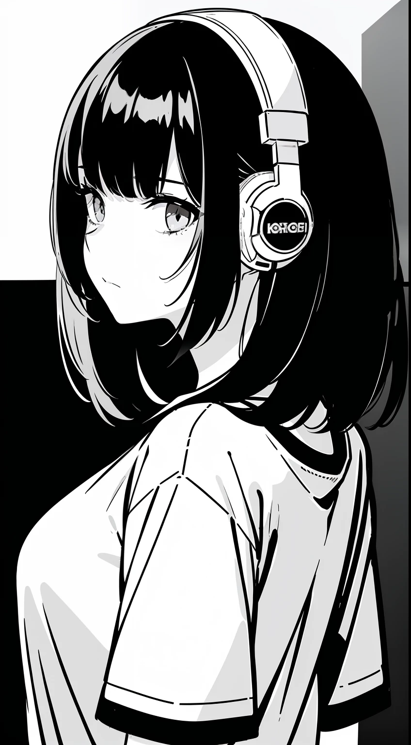A girl, side portrait, black and white, Messy Short Hair, Spicy accessories, Sporty style, Casual T-shirt, Confident gaze, Monochrome color scheme, looking at the side, Chic street fashion, Sloppy hands in pockets posing, cap,((person)),Over-ear headphones, Large ear pads, Luxurious long hair