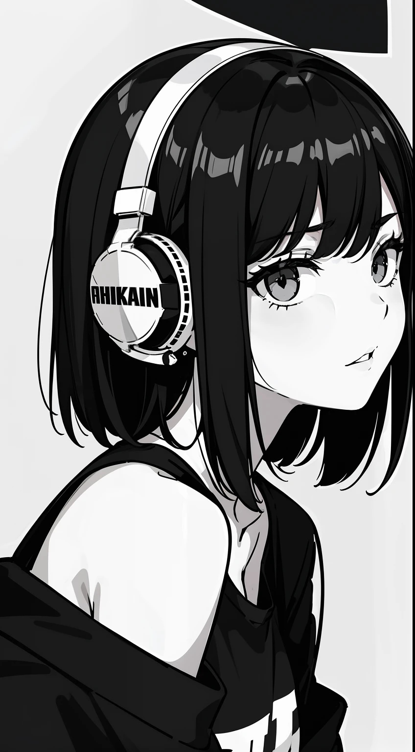 A  girl, side portrait, black and white, Messy Short Hair, Spicy accessories, Sporty style, Casual T-shirt, Confident gaze, Monochrome color scheme, looking at the side, Chic street fashion, Sloppy hands in pockets posing, cap,((person)),Over-ear headphones, Large ear pads, Luxurious long hair