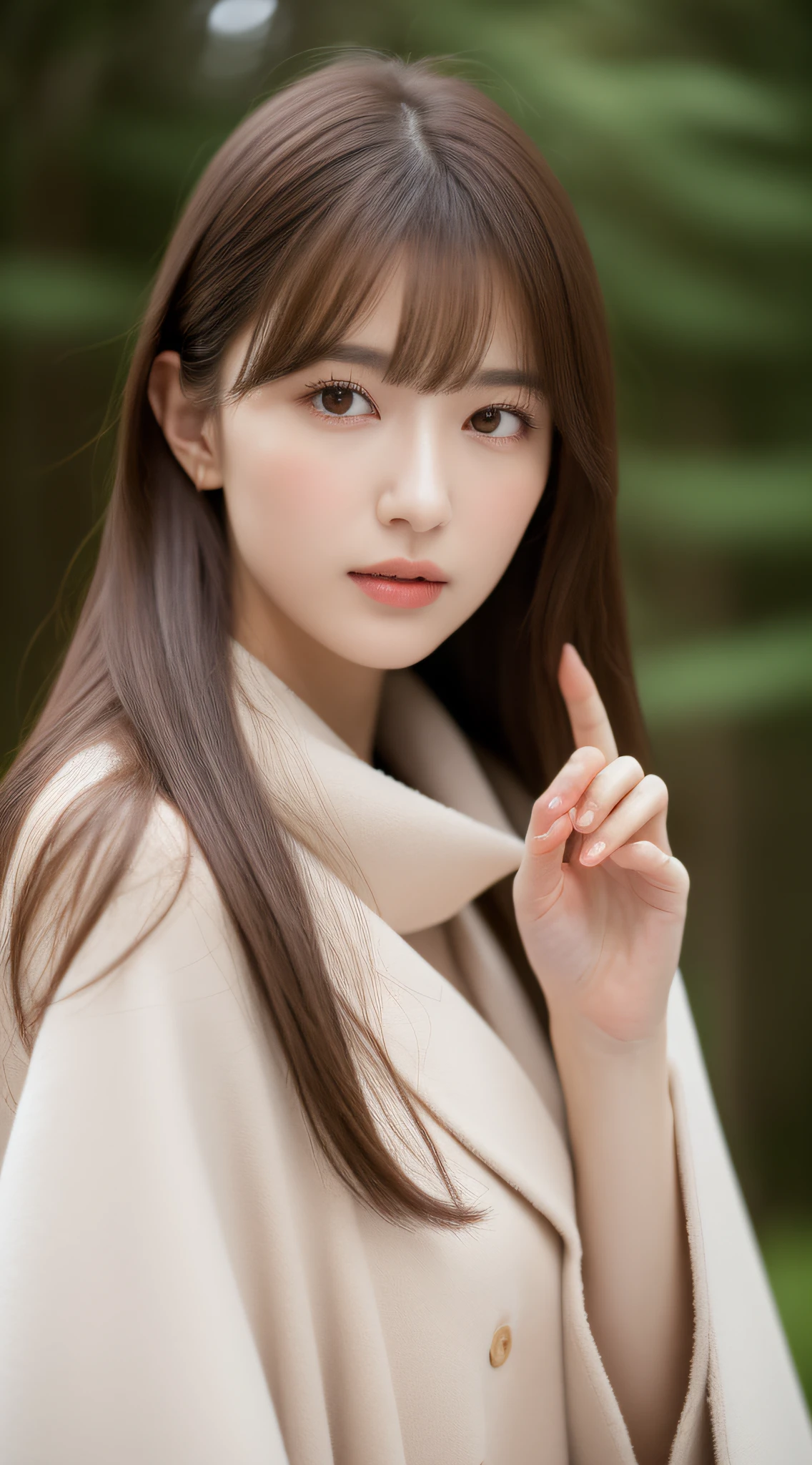 1womanl, up of face, mideum breasts, light brown hair, Blunt bangs, hair behind ear, hair over shoulder, Long hair, slender body shape, Ultra Fine Face, Thin face, Delicate lips, Beautiful eyes, thin blush, eyes are light brown, perfect glossy skin, flawless skin,View here, Ultra-thin hands, Ultra-fine fingers, best ratio four finger and one thumb, (realisitic:1.3), Finger Extensions, Coat with white cape. Snow coniferous forest, One-person viewpoint, Fuji Film, F/1.2, 8K, masutepiece, nffsw, Super Detail, High quality, Best Quality, hight resolution,