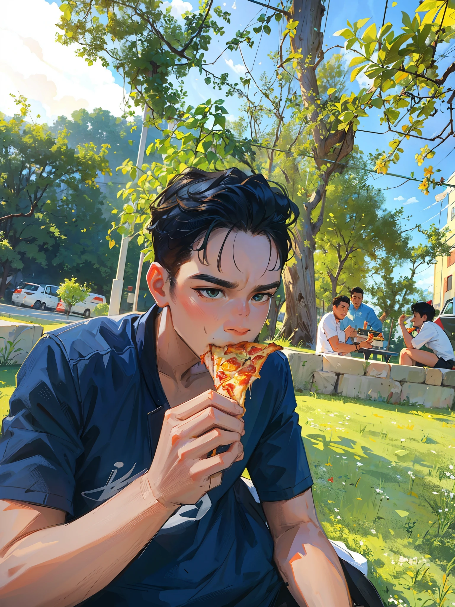 ((Best Quality, 8K, Masterpiece: 1.3)), there is a man sitting on the grass eating a slice of pizza, eating pizza, eating a pizza, munching pizza, holding pizza, eating outside, eating, 🥥 🍕 hybrid, eating a pizza margherita, pizza!, pizza, at a park, holding up a pizza, having a snack, john jude palencar, with a park in the background