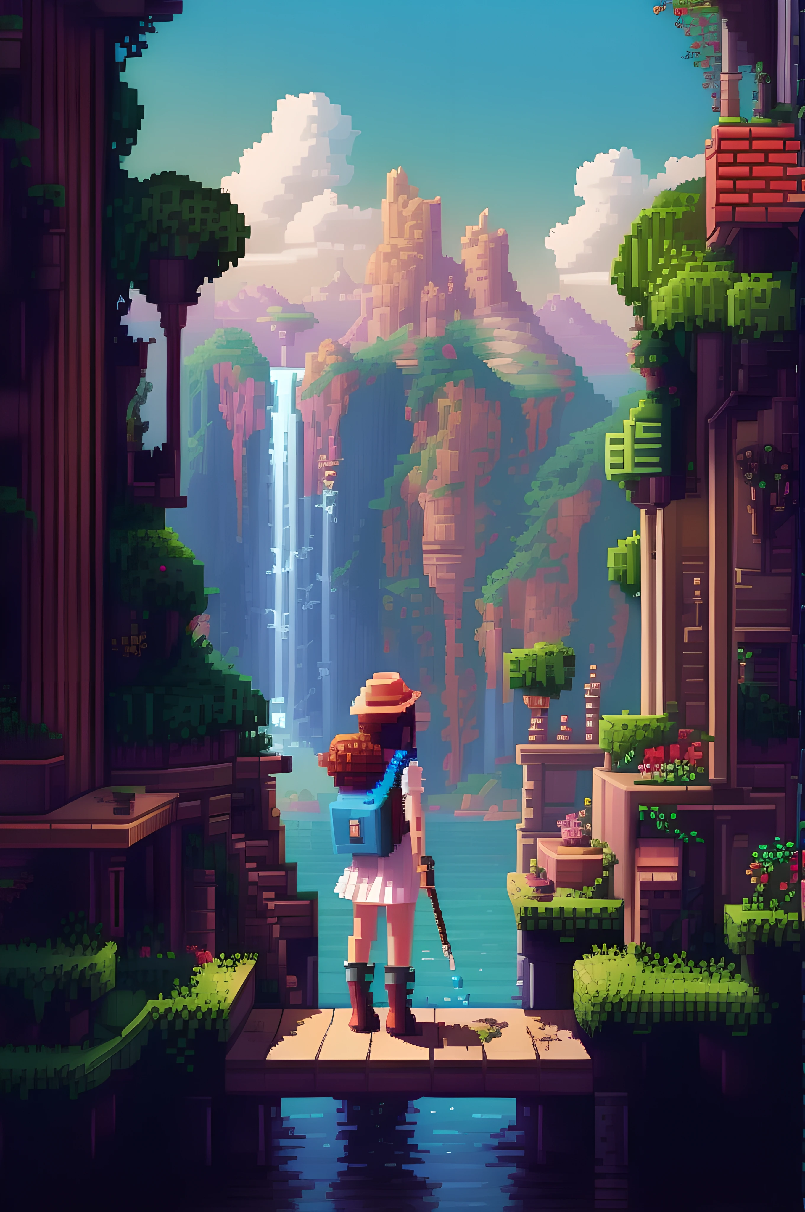 Pixel-Art Adventure featuring a Girl: Pixelated girl character, vibrant 8-bit environment, reminiscent of classic games