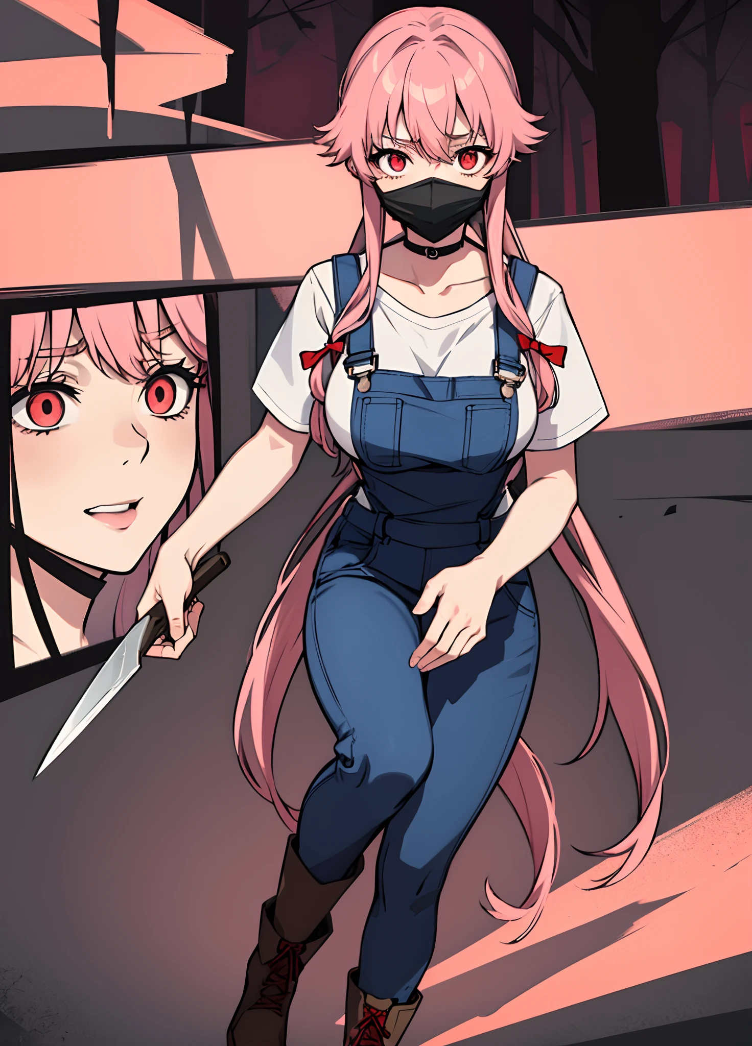 masterpiece, best quality, high quality, a woman with large breast in a woods, 1girl, breasts , , , pink hair, large breasts, twintails, long hair, solo focus, mirai nikki, black choker, dark grey overalls, leather gloves, black boots, ((face mask)), red eyes, chasing you through the woods, ((nigth)), crazy, ((crazy eyes)), ((crazy stare)) holding a bloody knife, (fanart of Gasai Yuno), (angry eyes), (perfect hands:1.4), (masterpiece), best quality, expressive eyes, VHS, ((nigth)), (Parfect Hand)