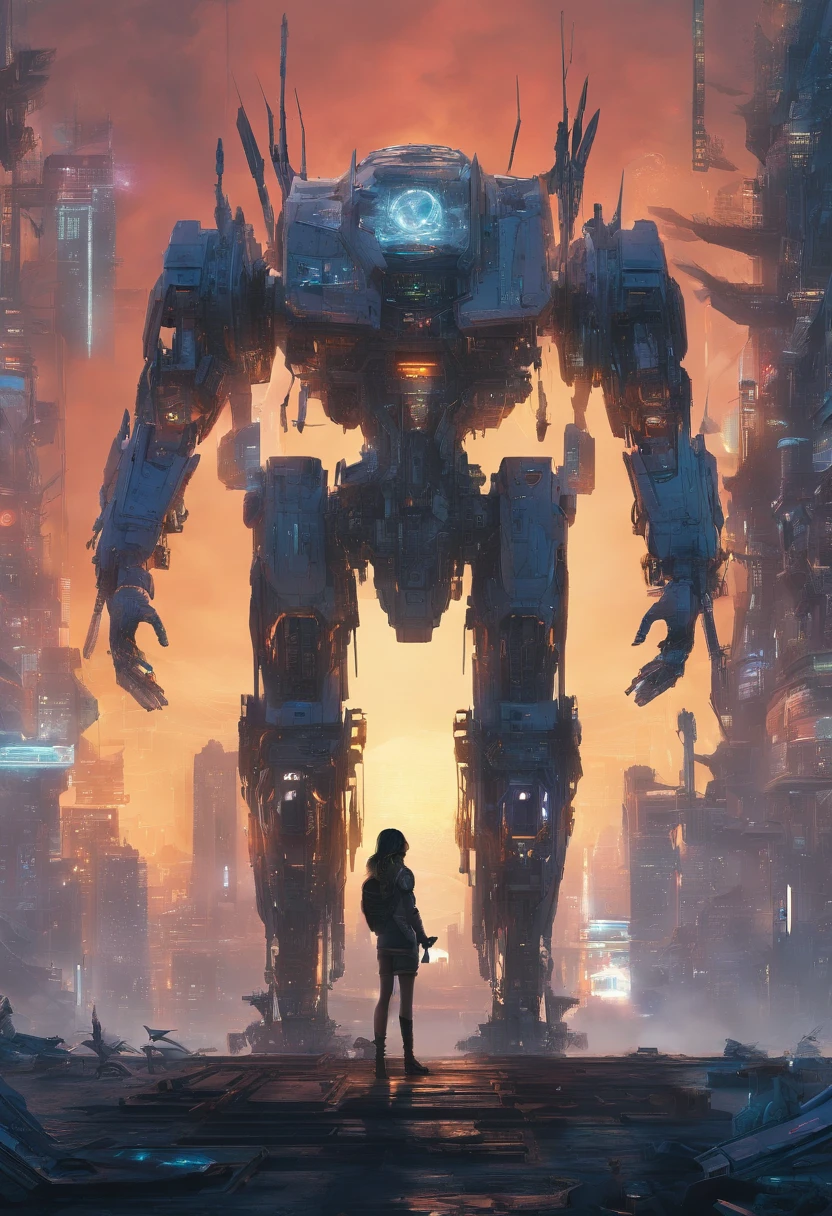 style image of a woman with a sci - futuristic weapon, (Zendaya), cyberpunk girl mech, girl in mecha cyber armor, mechanized soldier girl, female mecha, mechanized valkyrie girl, Standing next to a Giant Robot, epic sci - fi character art, epic sci-fi character art, mecha asthetic, stunning cgsociety, detailed sci-fi art, Burning cityscape background, abstract beauty, near perfection, pure form, Golden Ratio, concept art, By Brian Froud and Carne Griffiths and Wadim Kashin, intricate detail, 8k post-production, High resolution, super Detail, trending on ArtStation, sharp focus, studio photos, intricate detail, Very detailed, By Greg Rutkowski