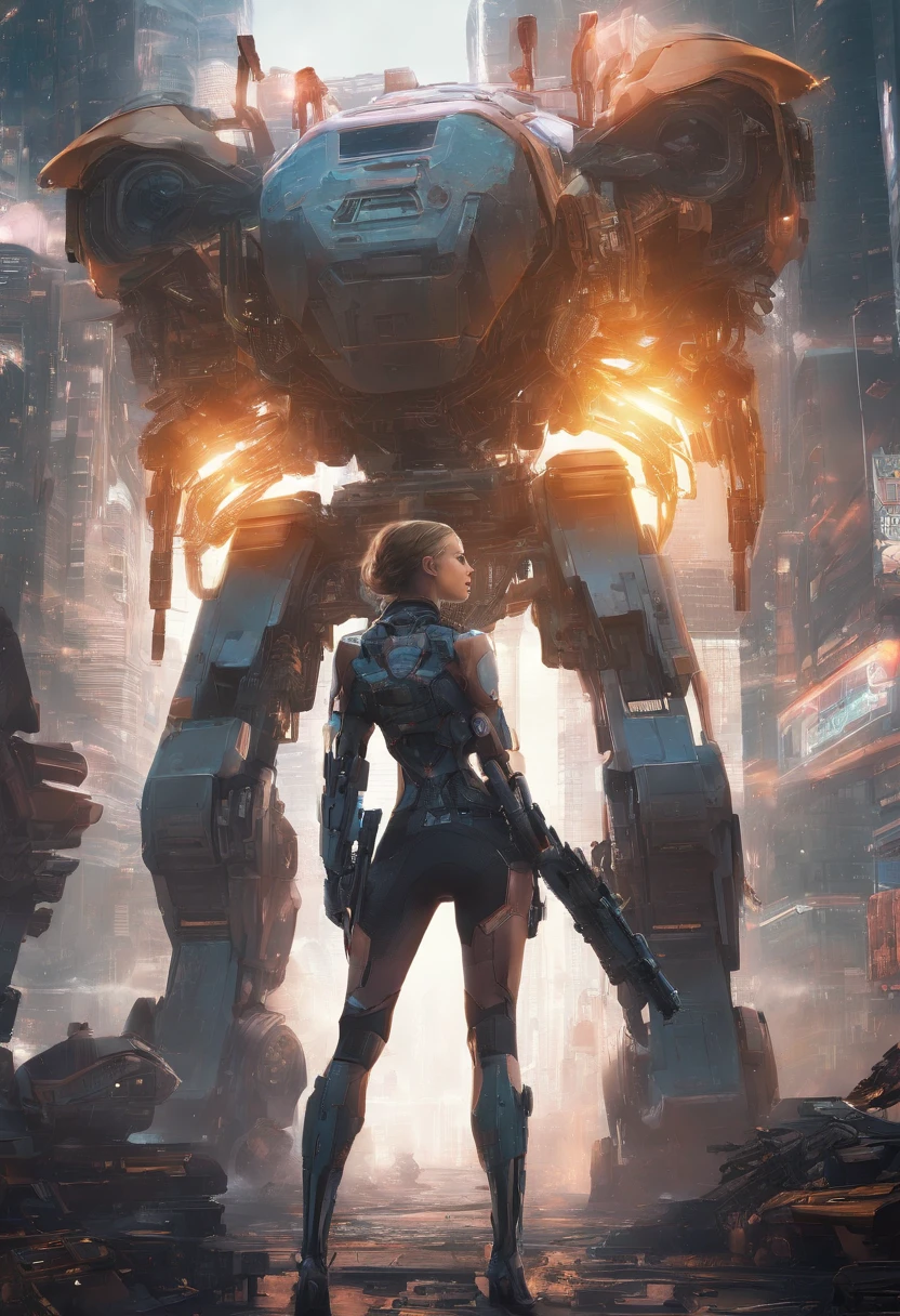 style image of a woman with a sci - futuristic weapon, (Zendaya), cyberpunk girl mech, girl in mecha cyber armor, mechanized soldier girl, female mecha, mechanized valkyrie girl, Standing next to a Giant Robot, epic sci - fi character art, epic sci-fi character art, mecha asthetic, stunning cgsociety, detailed sci-fi art,  Burning cityscape background, abstract beauty, near perfection, pure form, Golden Ratio, concept art, By Brian Froud and Carne Griffiths and Wadim Kashin, intricate detail, 8k post-production, High resolution, super Detail, trending on ArtStation, sharp focus, studio photos, intricate detail, Very detailed, By Greg Rutkowski
