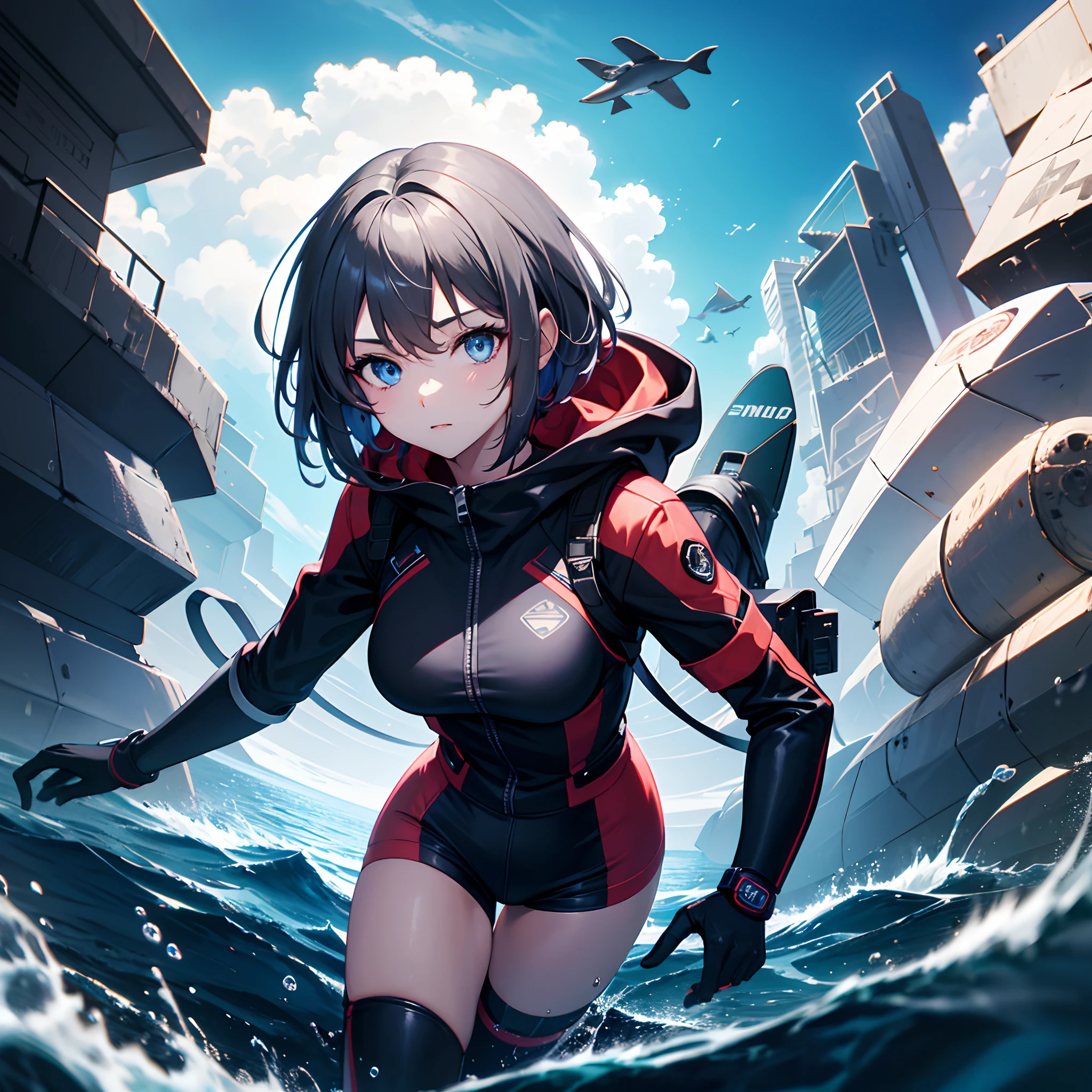 1girl, short gray hair, blue eyes, wearing sci-fi clothes,ask to follow, aquatic sci-fi, absurdres, high res, ultrasharp, 8K, masterpiece, looking at viewer