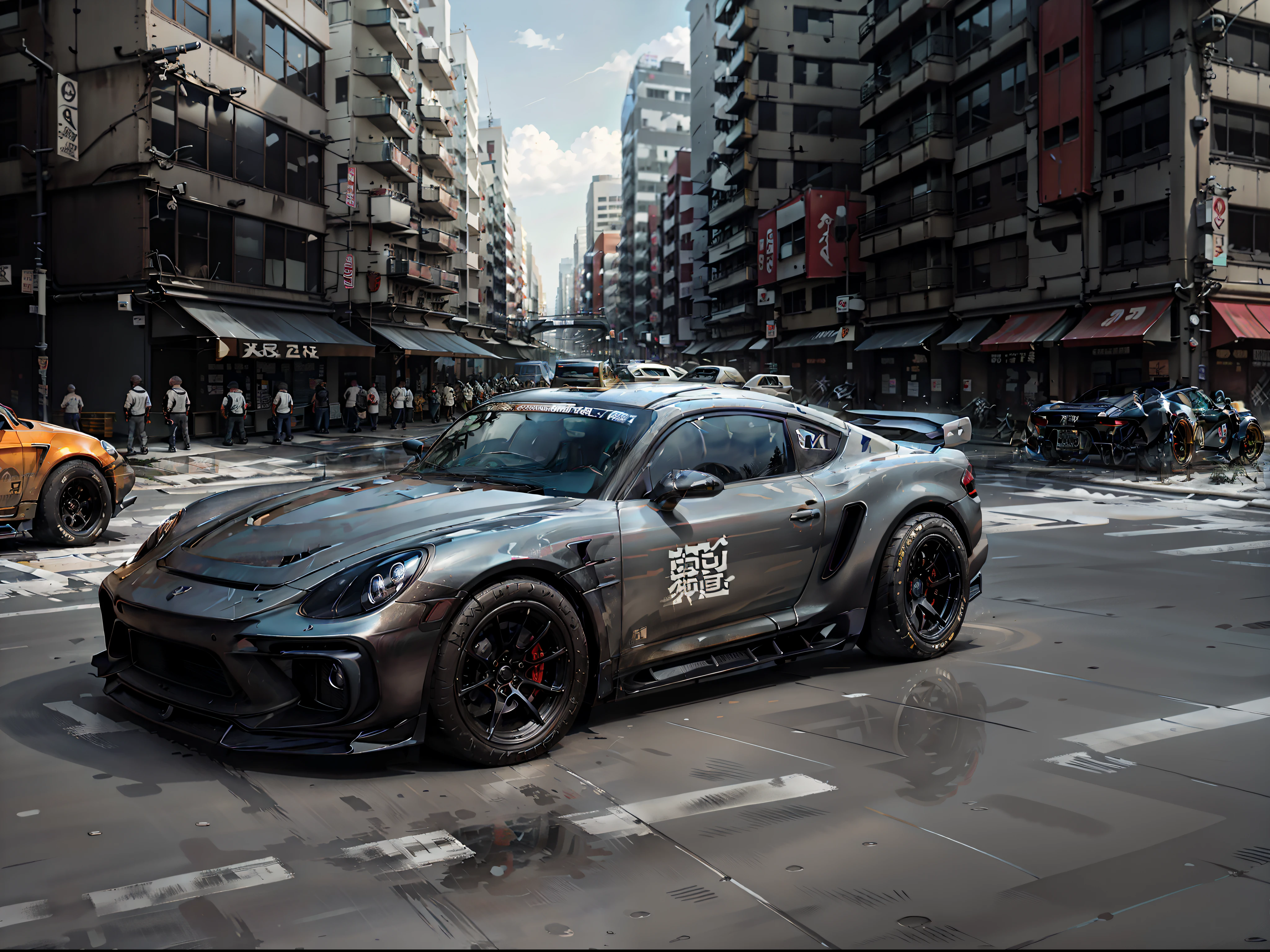 （Ultra-photorealistic quality）、Ultra-fine painted surface、masuter piece，8k wallpaper，nffsw，Ultra-high image quality，光影效果 、((Dark Grey Cayman GT4 RS　1Car)), ・Gran Trismo logo decal at wind window、The hood is wet carbon、Vehicle height is quite low、Forged bronze color wheel、Slightly larger rear wheel、lean forward a little、Front lights have a light smoke finish、Scramble crossing in Shibuya、city light at night、All four wheels have a slightly negative camber angle、Wearing race tires、Professional Outdoor Lighting、Model 981。