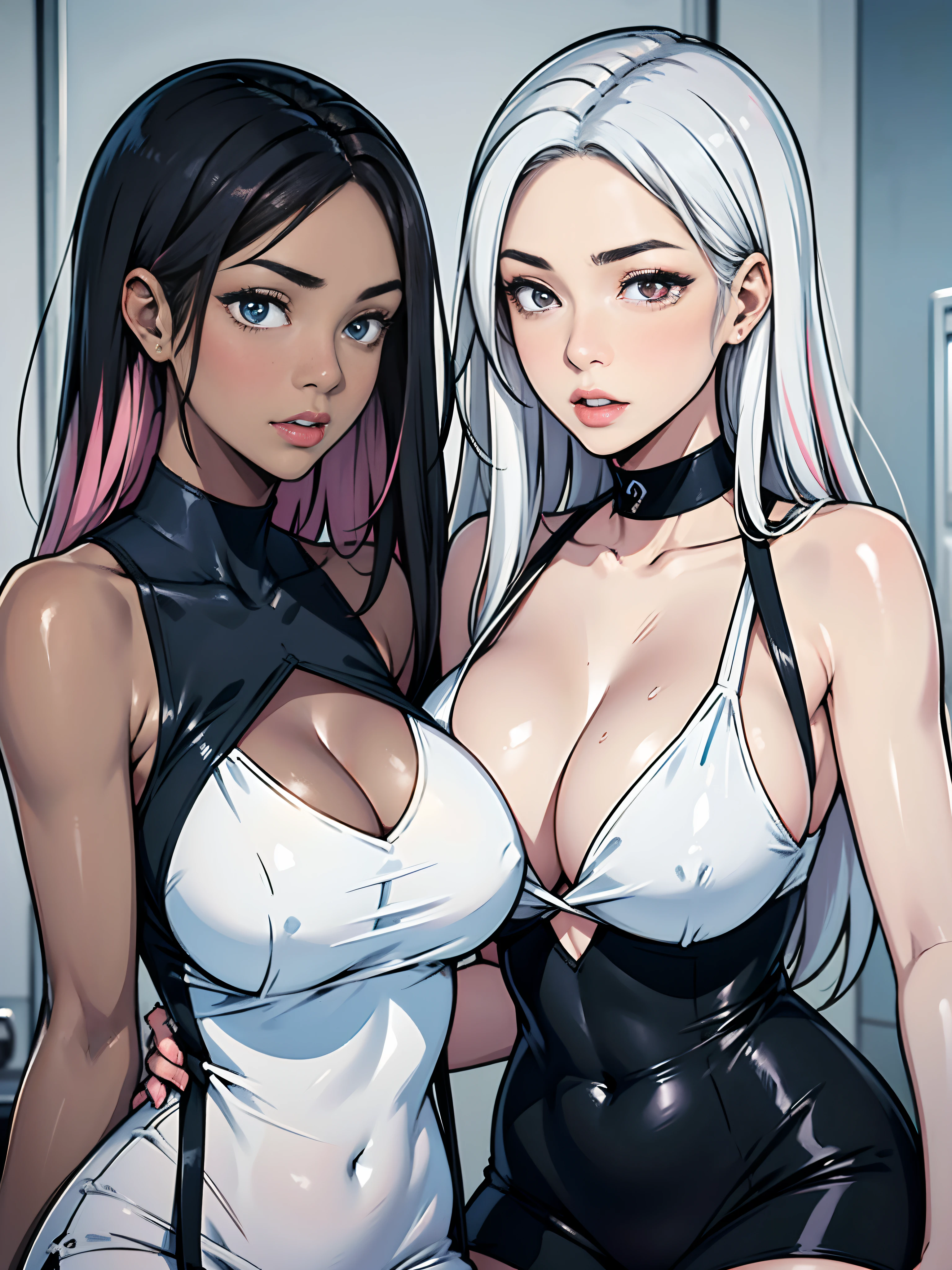 (((2girls))), 1 dark skinned with long black hair and blue strands, 1 white skinned with white hair and pink highlights her hair is short, mature, big boobs