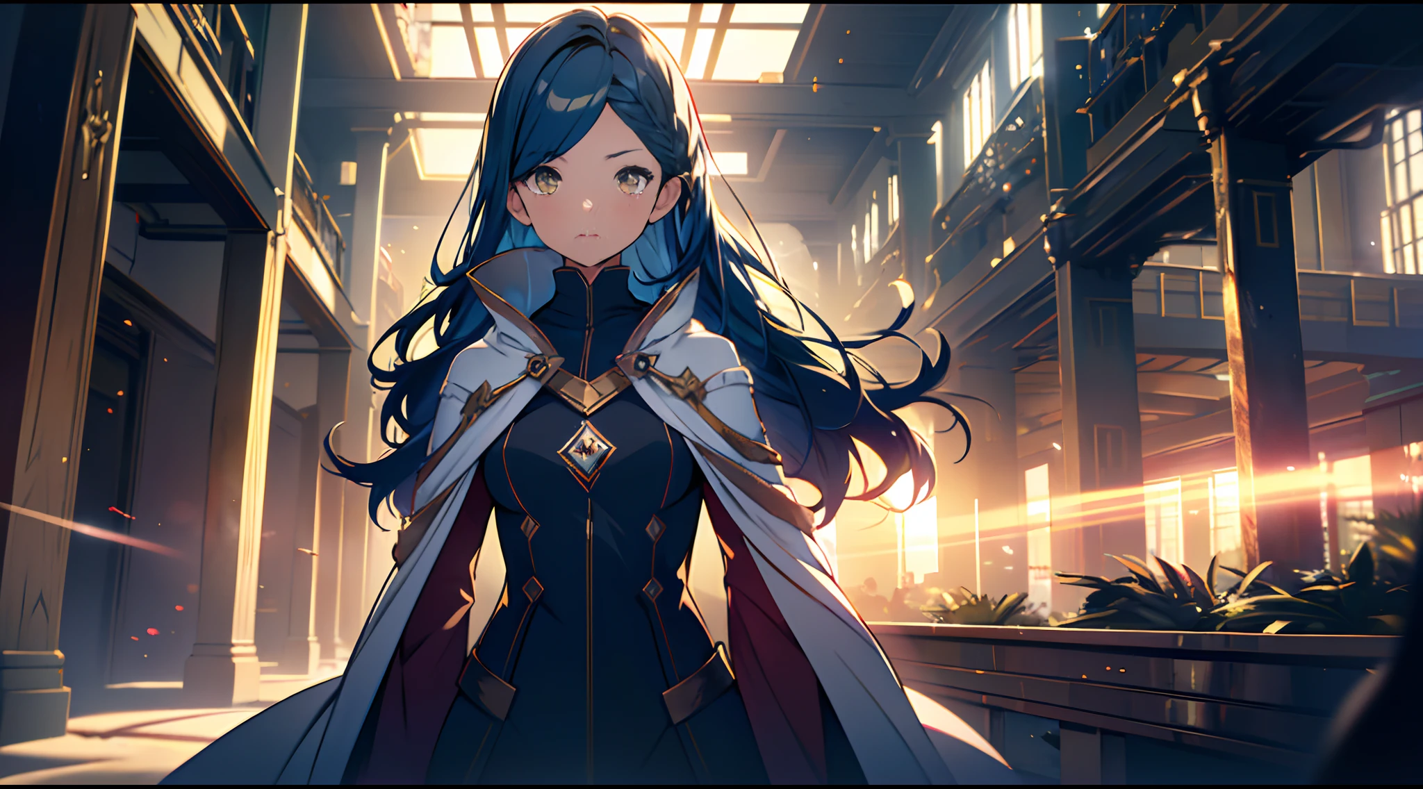 1 mature girl with long blue hair and yellow eyes looking at camera, alone, High detail mature face, long blue hair, one side tie hair, golden eyes, white priest uniform, yellow cloak, high res, ultra sharp, 8k, masterpiece, looking at viewer, Sharp eyes, magical explosion, fantasy magical building, people ride on the beast, School Dorm, ((Best quality)), ((masterpiece)), 3D, HDR (High Dynamic Range),Ray Tracing, NVIDIA RTX, Super-Resolution, Unreal 5,Subsurface scattering, PBR Texturing, Post-processing, Anisotropic Filtering, Depth-of-field, Maximum clarity and sharpness, Multi-layered textures, Albedo and Specular maps, Surface shading, Accurate simulation of light-material interaction, Perfect proportions, Octane Render, Two-tone lighting, Wide aperture, Low ISO, White balance, Rule of thirds,8K RAW, Aura, masterpiece, best quality, Mysterious expression, magical effects like sparkles or energy, flowing robes or enchanting attire, mechanic creatures or mystical background, rim lighting, side lighting, cinematic light, ultra high res, 8k uhd, film grain, best shadow, delicate, RAW, light particles, detailed skin texture, detailed cloth texture, beautiful face, fighting stance