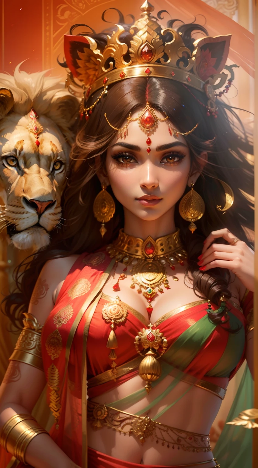 (highly detailed), (illustration), (intricate), (beautiful face), (attractive body), (complete body picture), modern indian goddess, Hinduism, (transparent red saree), dynamic pose, deity crown, (lion standing nearby), colorful, eye-catching, heavenly.