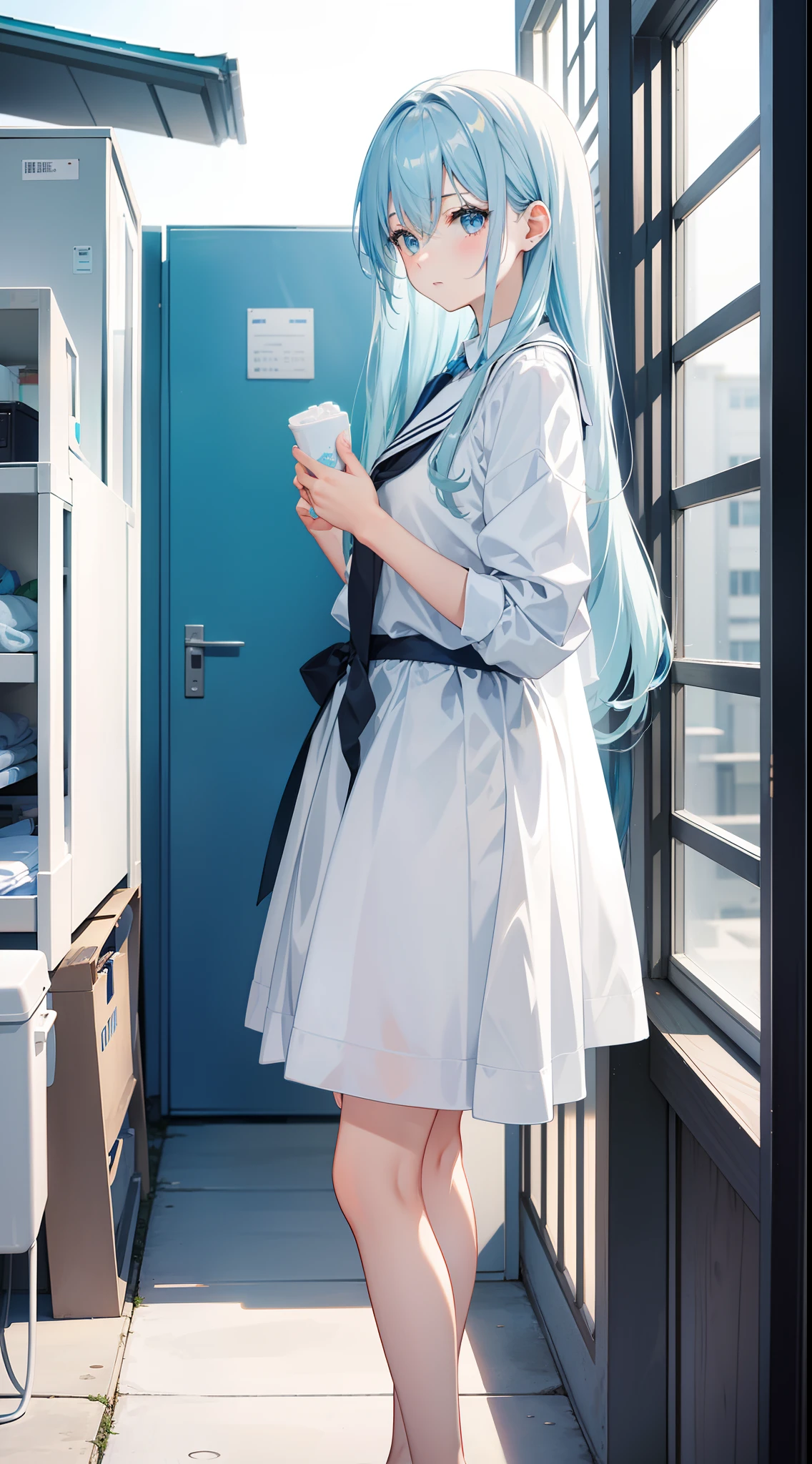,Long light blue hair,It was like freshly washed,The eyes are slightly lighter than the color of the hair,A little like an idol,in school uniform,Medium build,Stand in the restroom