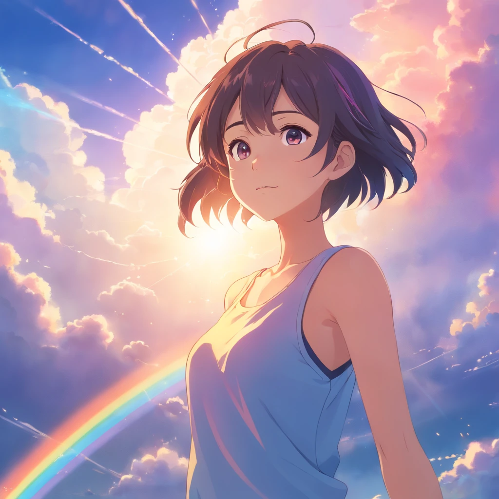 masterpiece, best quality, movie still, 1girl, cloud girl, floating in the sky, close-up, bright, happy, warm soft lighting, sunset, (sparks:0.7),, dynamic pose, cyber, black hair, harajuku charms, harajuku style, purple eyes, plaster on nose, (((rainbow))), huge boobs, adult, mature