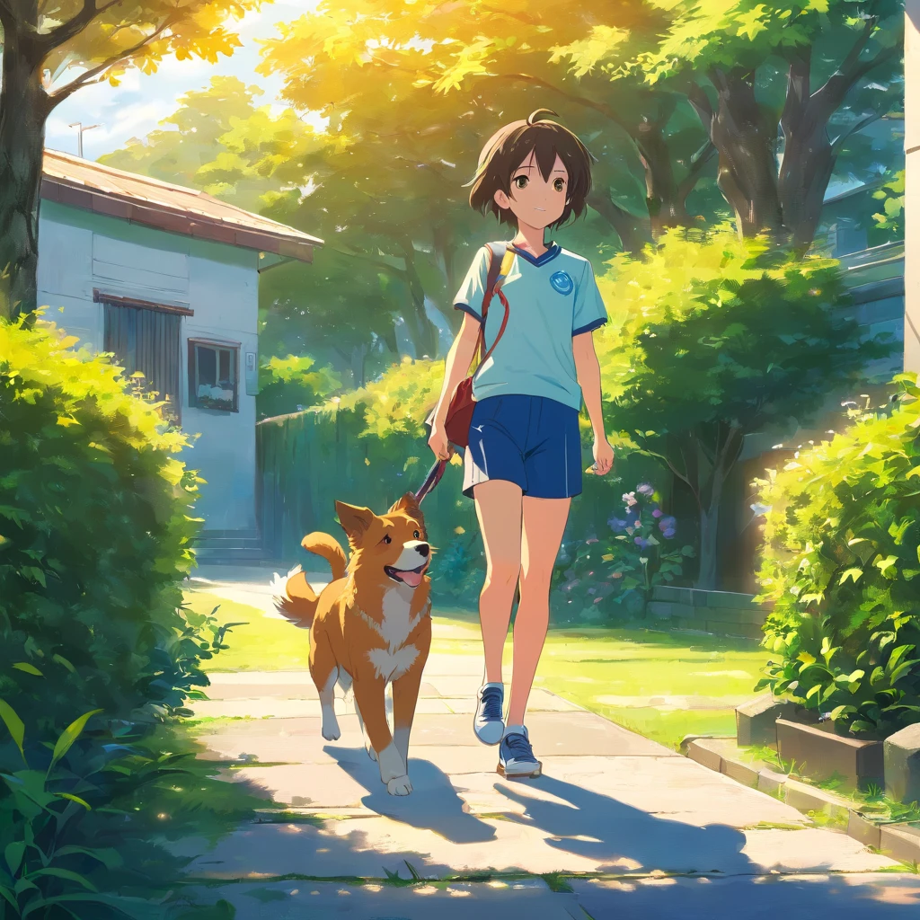 Cool boy holding soccer ball in confident pose。Cute little girl walking happy puppy on leash。A well-designed house nearby。Grown trees in the front garden provide shade。The sky is clear、Bright sun casting warm light。High-quality images with vibrant colors and details。