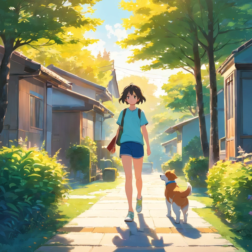Cool boy holding soccer ball in confident pose。Cute little girl walking happy puppy on leash。A well-designed house nearby。Grown trees in the front garden provide shade。The sky is clear、Bright sun casting warm light。High-quality images with vibrant colors and details。