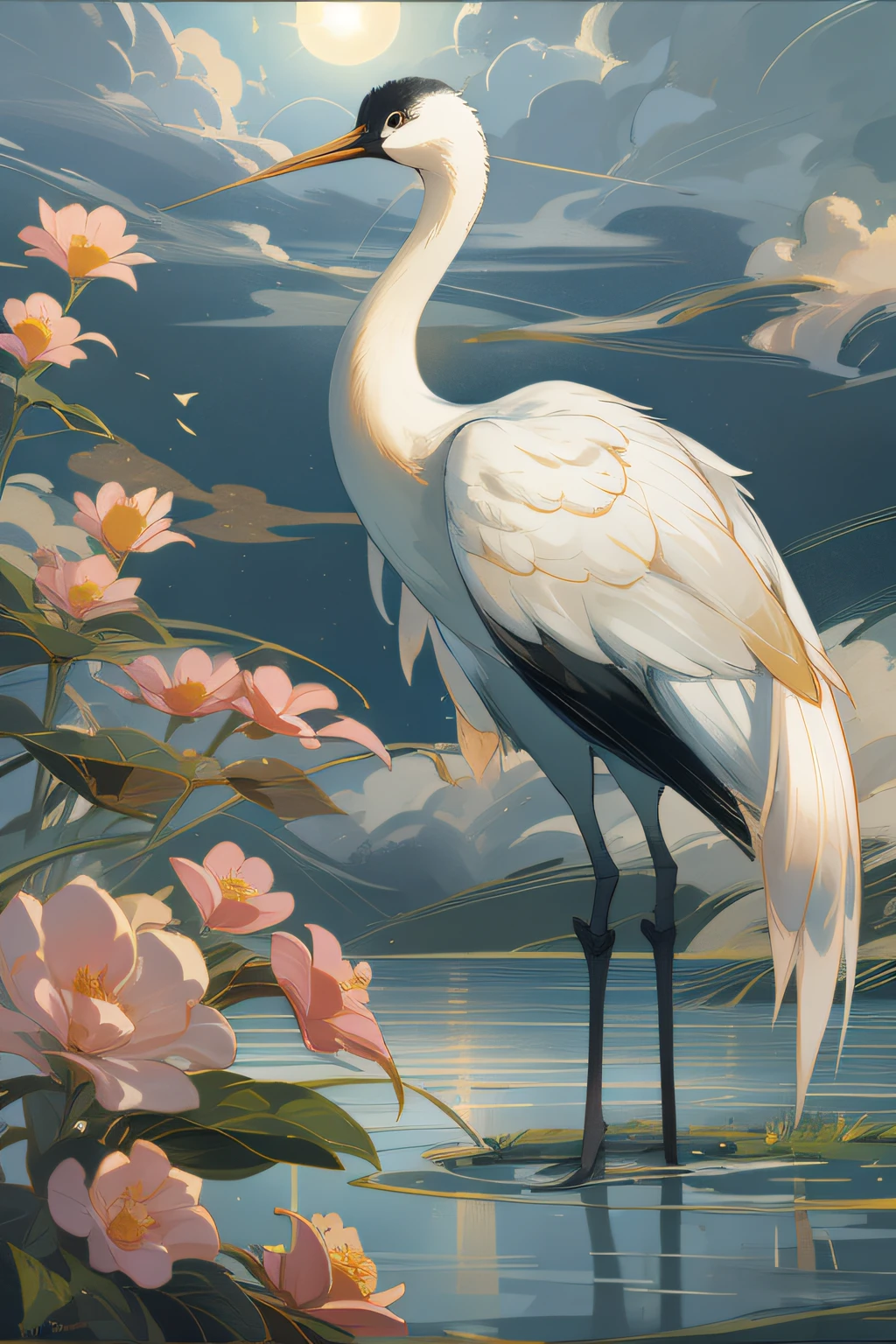 A crane,standing, Lake,Sun,Cloud,Flowers,(Masterpiece, Best quality:1.3),