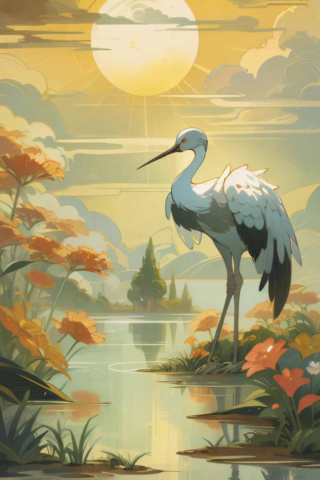 A crane,standing, Lake,Sun,Cloud,Flowers,(Masterpiece, Best quality:1.3),