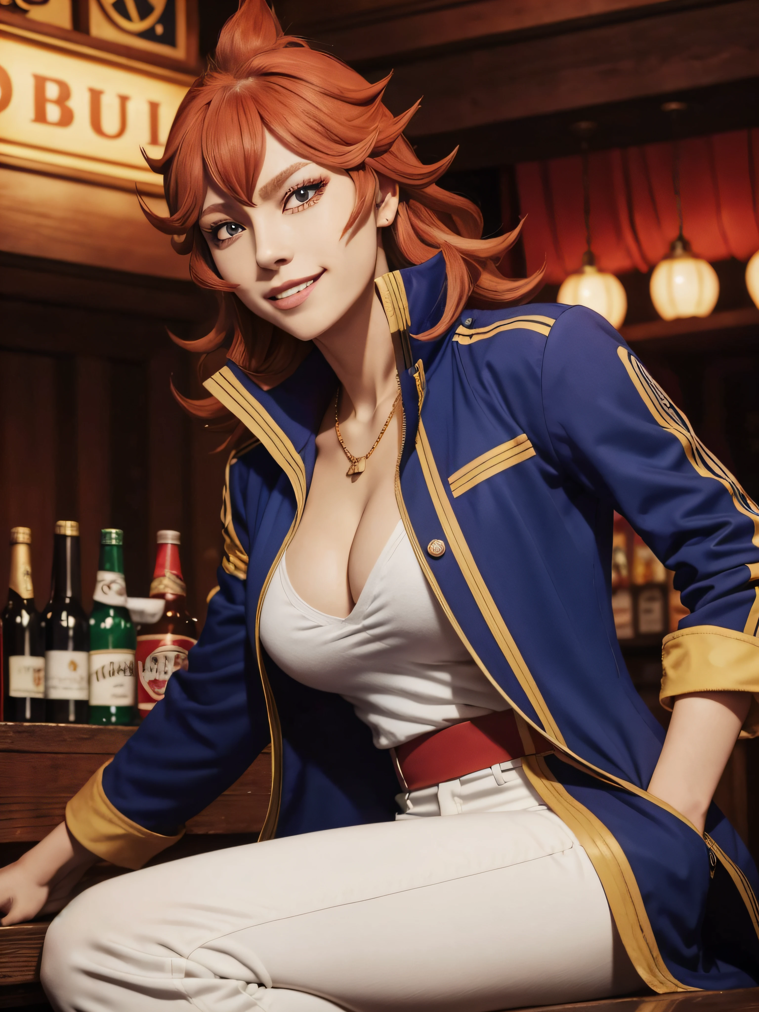 best quality mereoleona, fang vivid color, straight-on from below, figure four sitting looking at viewer, fang out, closed mouth smile meroutfit4, blue jacket, long jacket, open clothes, white shirt, white pants, red sash, gold trim, popped collar, cleavage, (pub background:1.3)