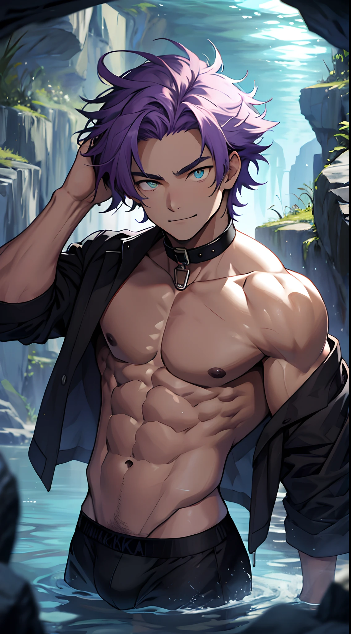 (masterpiece, best quality), 1 juvenile， boy，Keep your eyes wide open，largeeyes，a baby nile faces，Kid's face，nakeness，ssmile，Huge amethyst，Amethyst Cave，Caves in the water，Flat chin，Clear briefs，bare pectorals，Short purple hair with a very light color,Heterochromic eyes, 复杂,Black collar， nakeness，Clear briefs,Pectoralis abdominal muscles，vivd colour,(depth of fields:1.2),(abs),looking at viewert，Close up