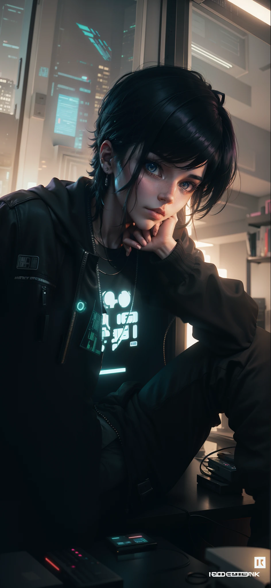 There is a computer desk with a monitor, Speakers & monitor, cyberpunk setting, cyberpunk atmosphere, Cyberpunk lighting, Cyberpunk interior, Cyberpunk bedroom at night, 3 d render beeple, In the room, Made in the style of cyberpunk, cyberpunk atmosphere, Bedroom for agers in cyberpunk style, cyberpunk with neon lighting, Cyberpunk Apartment, hyper realistic cyberpunk style, Muted cyberpunk style, Cyberpunk apartment, The door, Books, houseplants, The city outside the window