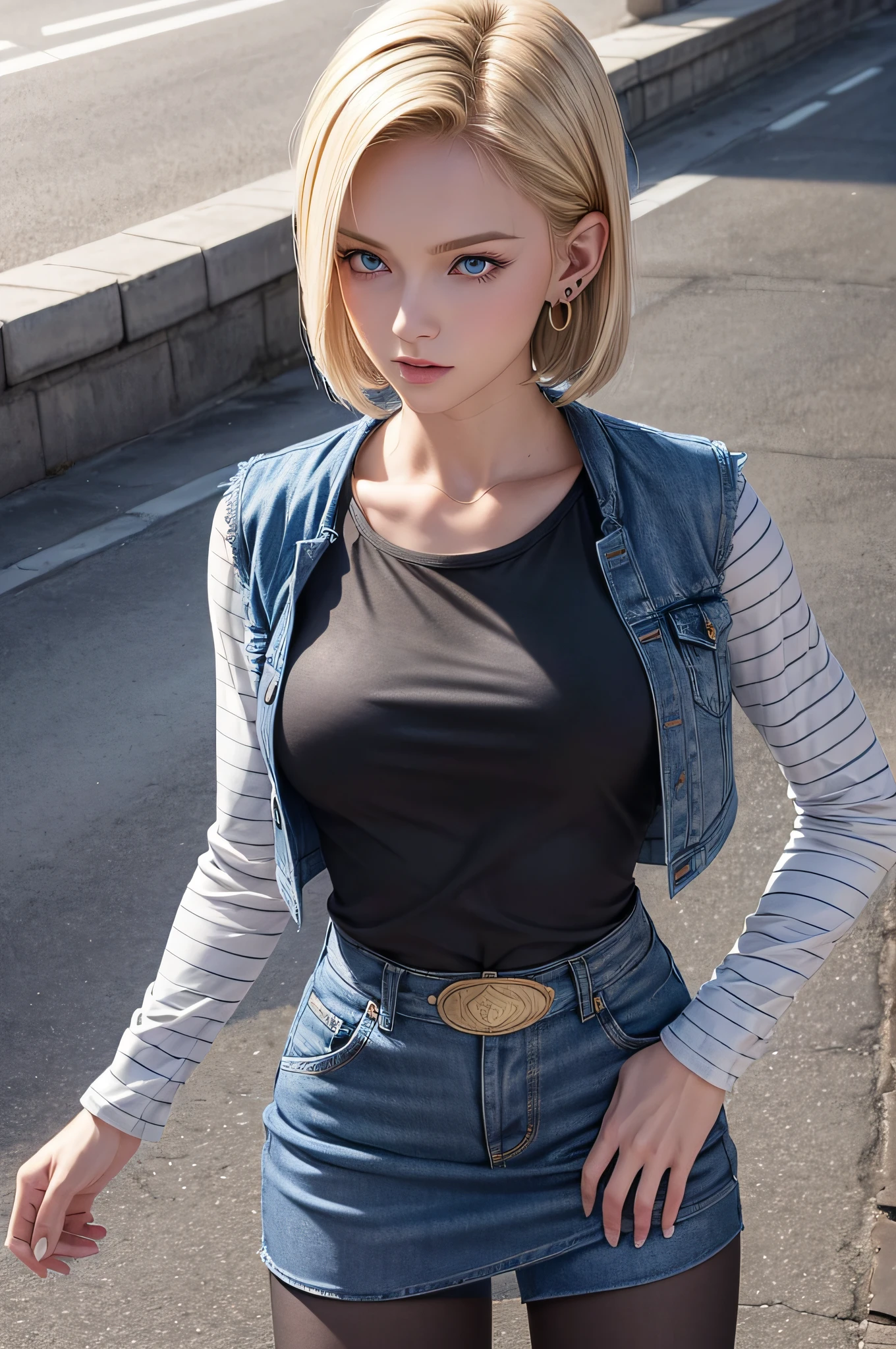 Best Quality, hight resolution, and18, 1girl in, Android 18, Solo, Blonde hair, Blue eyes, Short hair, earrings, Jewelry, Denim Vest, open vest, Black pantyhose, Black shirt, jean skirt, Striped long sleeves, Blue skirt, medium breasts, Cowboy Shot, Street, (Externally expanded Chest: 1.2)