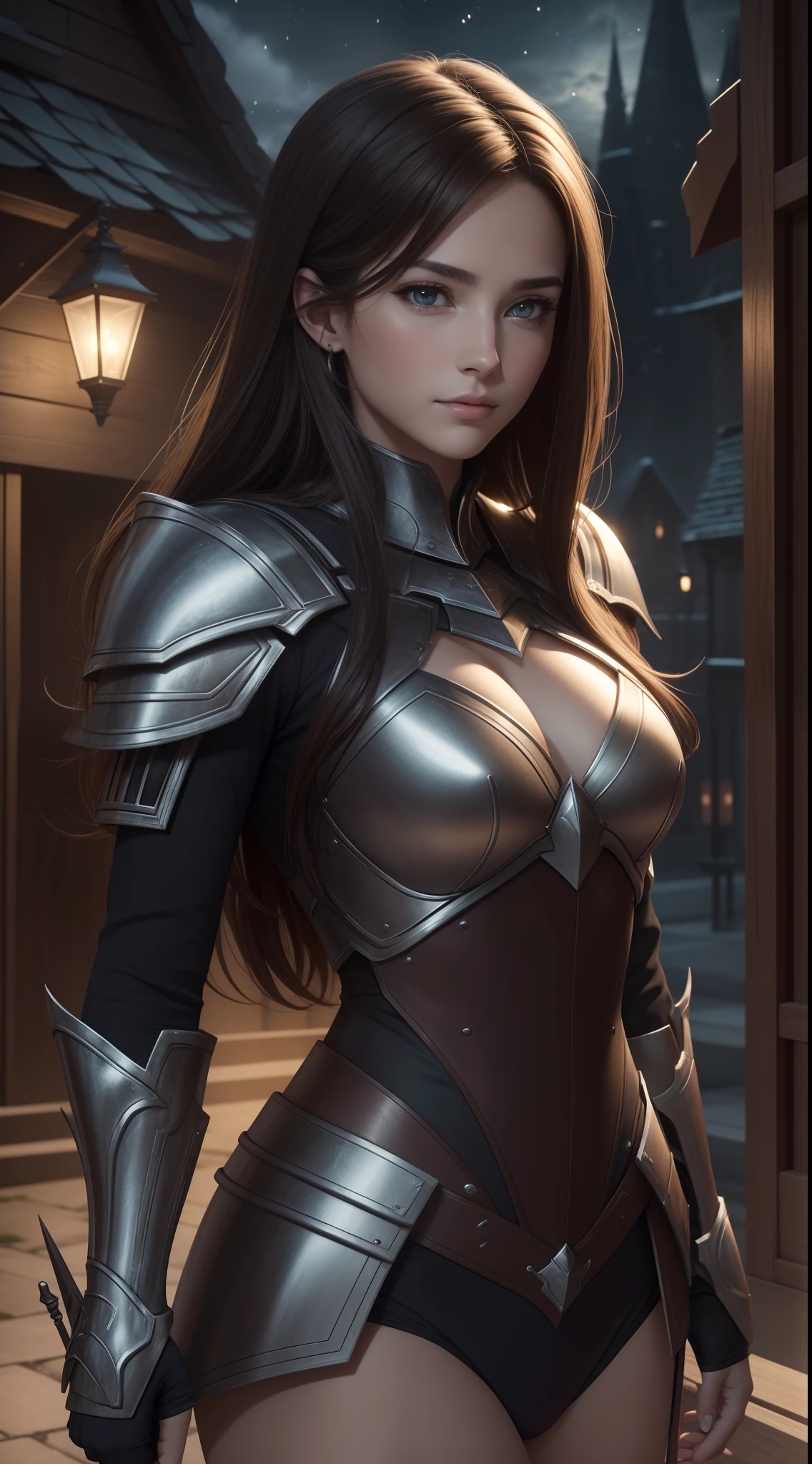 Realistic lighting, Top Quority, 8K Resolution, (masterpiece: 1.3), (Clear focus: 1.2),1 Girl, delicate face, big double eyelids, Sexy expression, Body perfect anatomy, (perfect body: 1.6), (large chest 1.7), long and dark brown hair, (best chest: 1.8), armor, long knife, magia, exterior, (night: 1.1 ),1080p, hyper HD, textureskin, super detailed, best quality, high detail, highest quality.