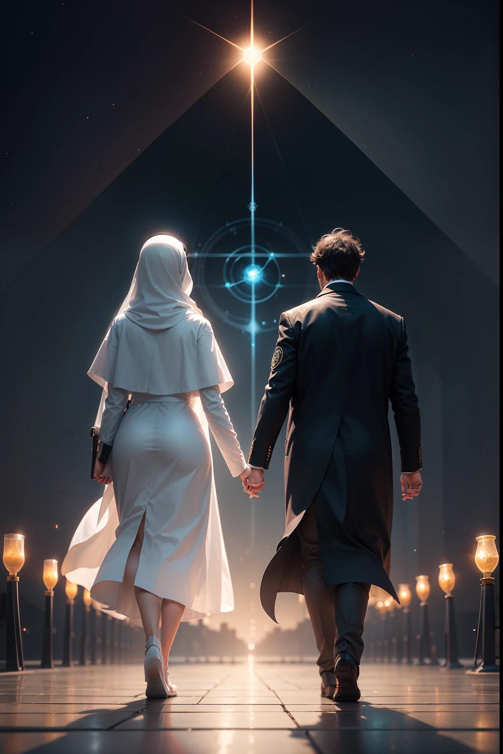 Create an image where a scientist and a theologian are depicted walking together on a converging path towards a glowing truth in the distance.
Illustrate the merging of scientific symbols (microscope, equations) and religious symbols (cross, crescent) into a harmonious image of truth-seeking.