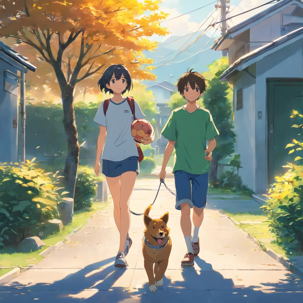 Cool boy holding a soccer ball, striking a confident pose. Cute girl walking a happy puppy on a leash, both smiling. Nearby, a well-designed house with a parked car in the driveway. Mature tree in the front yard providing shade. Bright sun in a clear sky casting warm light on the scene. High-quality, vibrant colors and details.