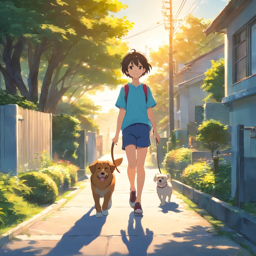Cool boy holding a soccer ball, striking a confident pose. Cute girl walking a happy puppy on a leash, both smiling. Nearby, a well-designed house with a parked car in the driveway. Mature tree in the front yard providing shade. Bright sun in a clear sky casting warm light on the scene. High-quality, vibrant colors and details.