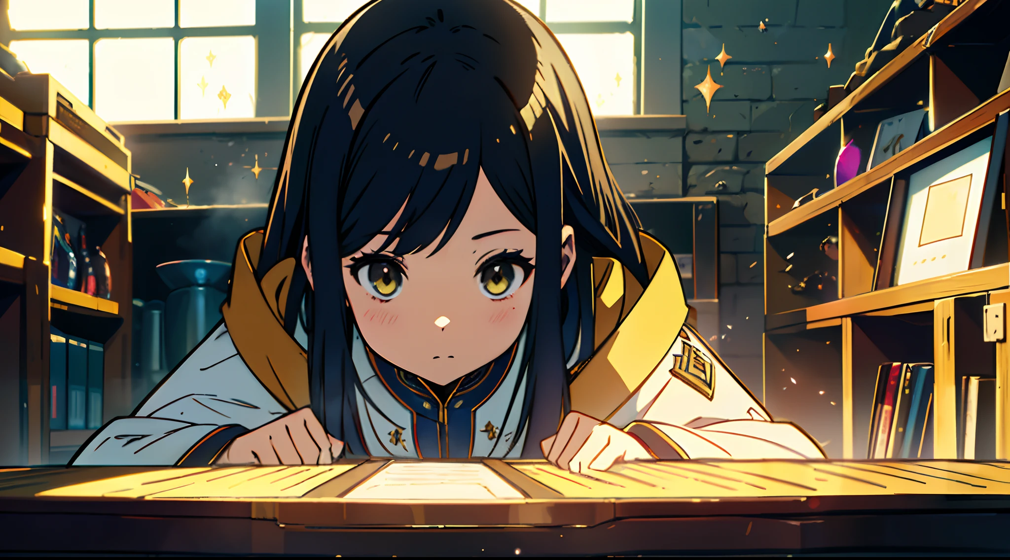 1 mature girl with long blue hair and yellow eyes looking at camera, alone, High detail mature face, long blue hair, one side tie hair, golden eyes, white priest magical armor uniform, yellow cloak, high res, ultra sharp, 8k, masterpiece, looking at viewer, Sharp eyes, magical explosion, fantasy magical building, people ride on the beast, School Dorm, ((Best quality)), ((masterpiece)), 3D, HDR (High Dynamic Range),Ray Tracing, NVIDIA RTX, Super-Resolution, Unreal 5,Subsurface scattering, PBR Texturing, Post-processing, Anisotropic Filtering, Depth-of-field, Maximum clarity and sharpness, Multi-layered textures, Albedo and Specular maps, Surface shading, Accurate simulation of light-material interaction, Perfect proportions, Octane Render, Two-tone lighting, Wide aperture, Low ISO, White balance, Rule of thirds,8K RAW, Aura, masterpiece, best quality, Mysterious expression, magical effects like sparkles or energy, flowing robes or enchanting attire, mechanic creatures or mystical background, rim lighting, side lighting, cinematic light, ultra high res, 8k uhd, film grain, best shadow, delicate, RAW, light particles, detailed skin texture, detailed cloth texture, beautiful face, fighting stance