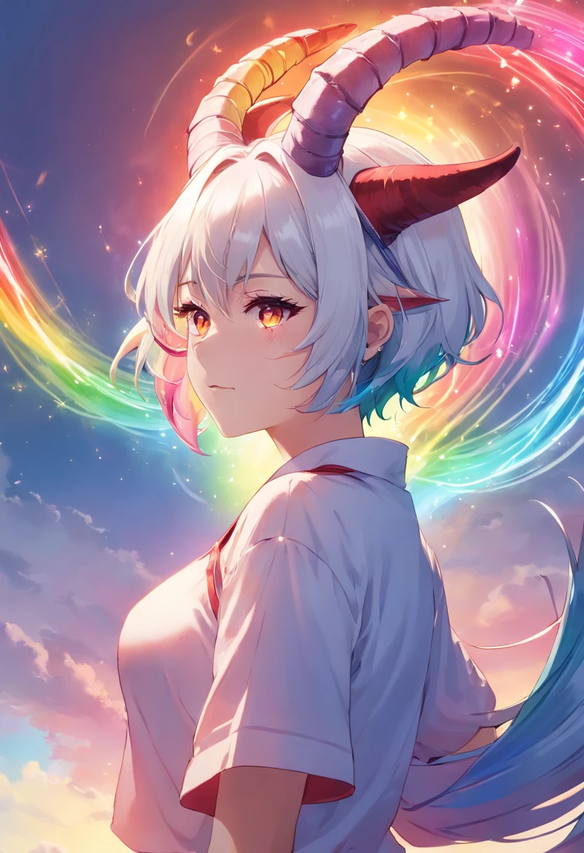 white hair, red eyes, ((demon horns)), ((demon wings)), ((rainbow strands in hair)), big boobs, woman