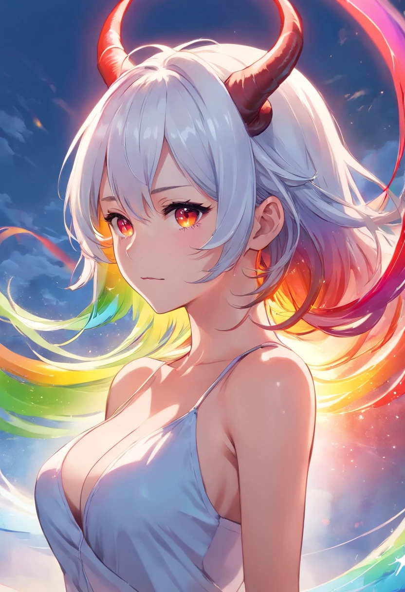 white hair, red eyes, ((demon horns)), ((demon wings)), ((rainbow strands in hair)), big boobs, woman