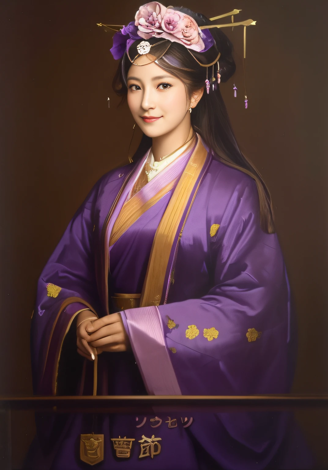 Close up portrait of smiling woman in purple dress with flowers on her head