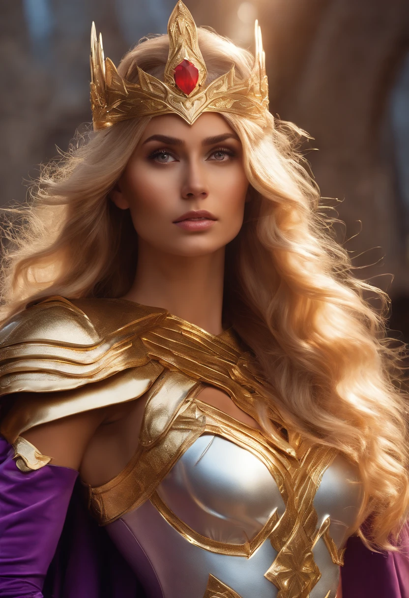 She-ra, the princess of the power, long hair, wonderfull woman, blonde hair, warrior woman, blue hair, angel face, short skirt, cloth, leather clothing, volumous hair, delicate face, full realistic, clothes with gold details, intricate details in clothing, light projecting from left, detailed shadow, she-ra, brave woman, She-ra, the princess of the power must be preparing for battle, sword wielding, very long flowing hair, outfits like the she-ra cartoon, light and shadow, without wings, gold tiara on the head, purple clothes, purple eyes, no-wings, lots of gold details on the outfit