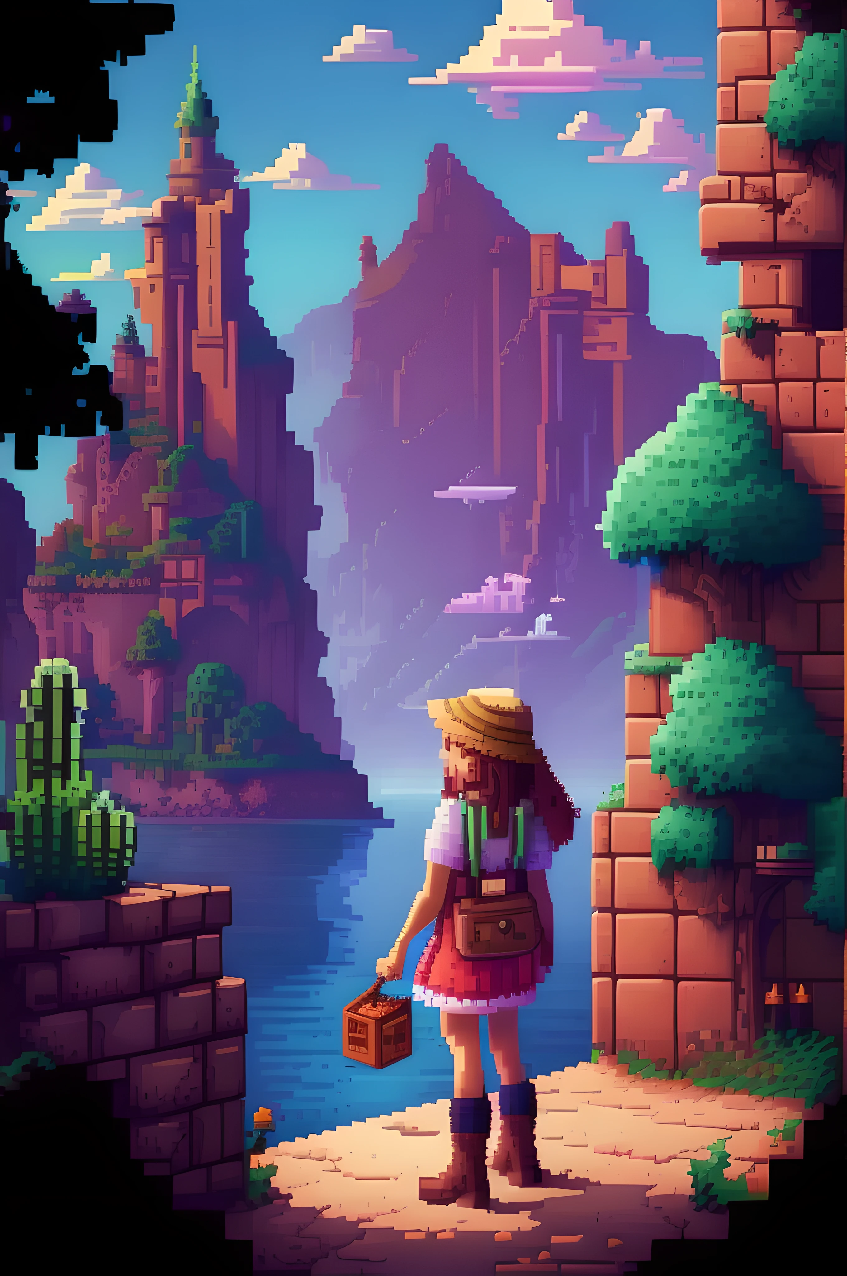 Pixel-Art Adventure featuring a Girl: Pixelated girl character, vibrant 8-bit environment, reminiscent of classic games