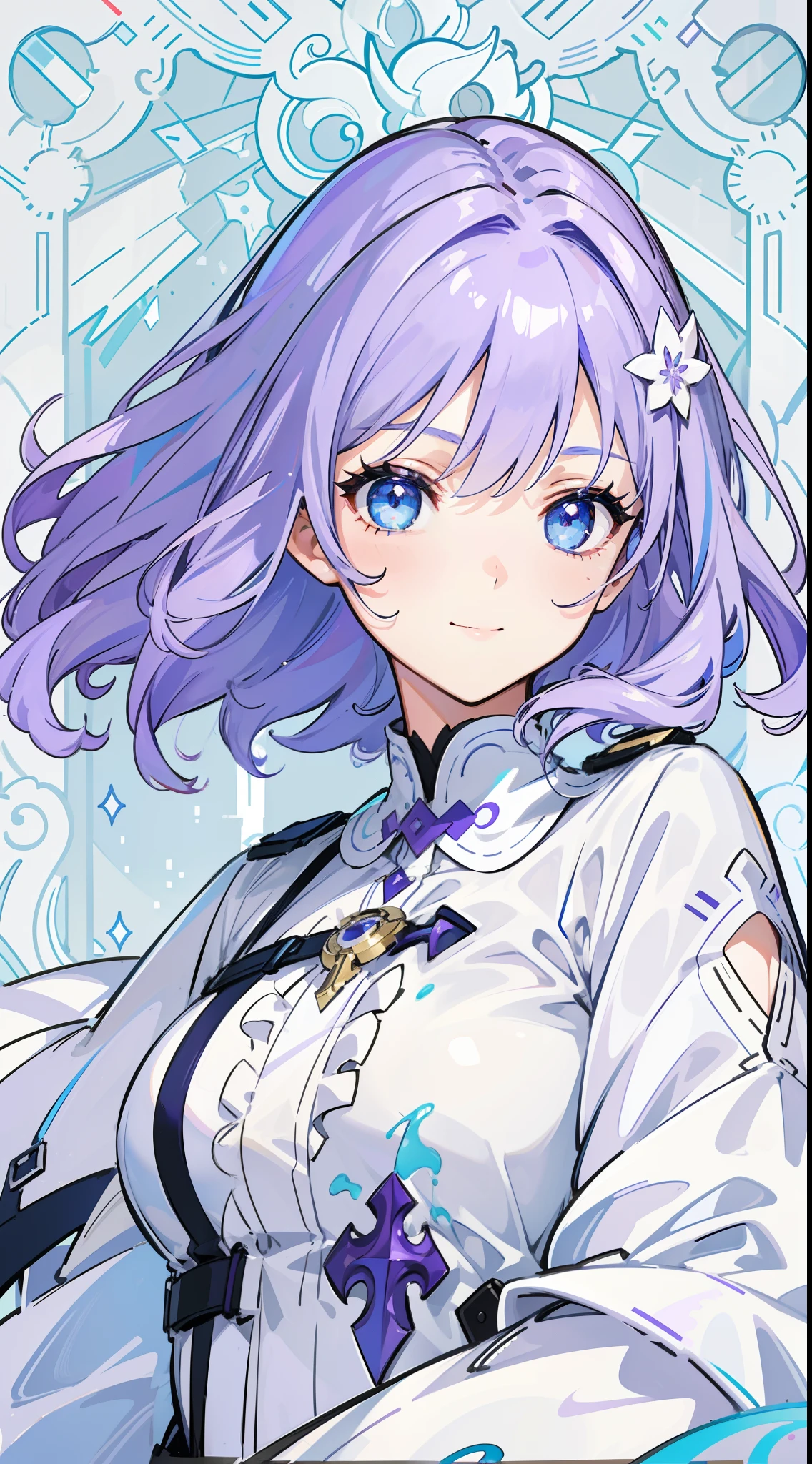 Light purple hair、8K、top-quality、A detailed eye、Detailed skin、Lilac、A beautiful Blue eyes、A detailed eye、8K、masutepiece、waved hair、(Medium Hair)、​masterpiece, top-quality, realisitic, The ultra-detailliert, Slimed, colourfull, Ridiculous, see the beholder, Light purple hair, Blue eyes, dynamic light and shadow, hight resolution, foco nítido, depth of fields, Detail Eyes, Sharp pupils, Realistic pupils,a smile