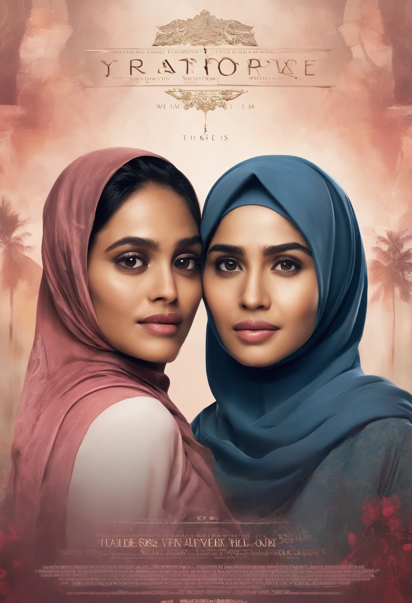 Design a heartfelt and emotionally charged movie poster that encapsulates the complexities of a love triangle. Show the protagonist torn between two malay women in hijab, each with their own unique qualities and personalities. Use color, composition, and expressions to convey the emotional turmoil and drama of this romantic entanglement. Explore visual symbolism that represents the choices and consequences of love. Create a poster that resonates with viewers, evoking a sense of empathy and anticipation for the emotional journey depicted in the film