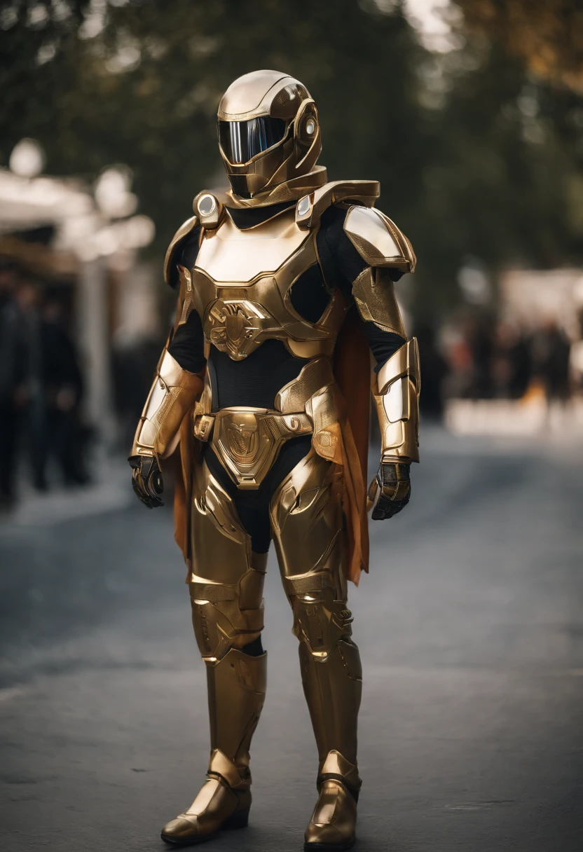 masterpieace cybrog Dimensional Nomad:Prompt: "A dimensional nomad cyborg, wearing a cloak that conceals their shifting appearance, wearing gold mix on suit make it masterpieace ,face is unique with some robotic style face like an camera ,video camera Describe their enigmatic attire and the rifts in space-time that surround them. Explore their origin as an explorer of alternate dimensions and their ability to manipulate reality. high light on charcter full visible , unique pose and style with fire strips on the charcter with ,hard light in the day light of charcter