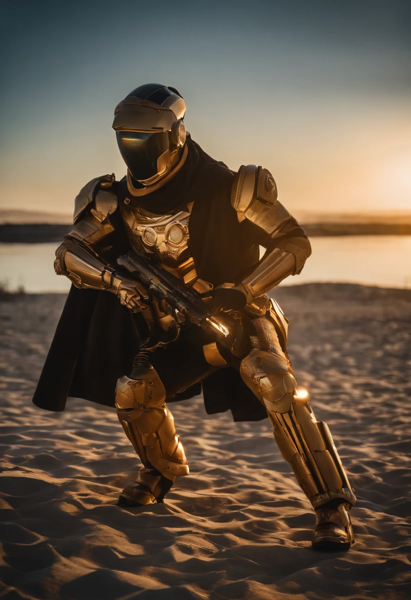 masterpieace cybrog Dimensional Nomad:Prompt: "A dimensional nomad cyborg, wearing a cloak that conceals their shifting appearance, wearing gold mix on suit make it masterpieace ,face is unique with some robotic style face like an camera ,video camera Describe their enigmatic attire and the rifts in space-time that surround them. Explore their origin as an explorer of alternate dimensions and their ability to manipulate reality. high light on charcter full visible , unique pose and style with fire strips on the charcter with ,hard light in the day light of charcter