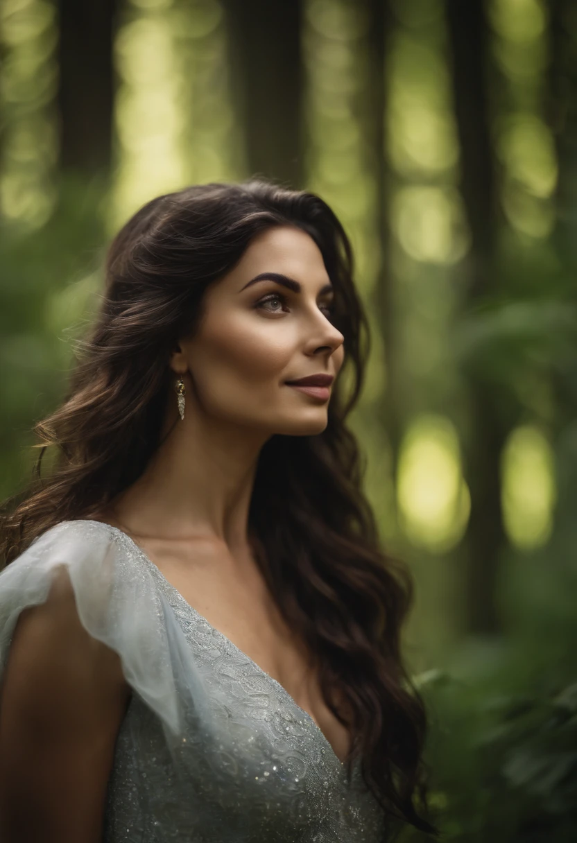 A close-up of a gorgeous STUNNING beautiful woman with cascading locks of dark hair, standing in a lush forest glade, her green eyes sparkling with joy.