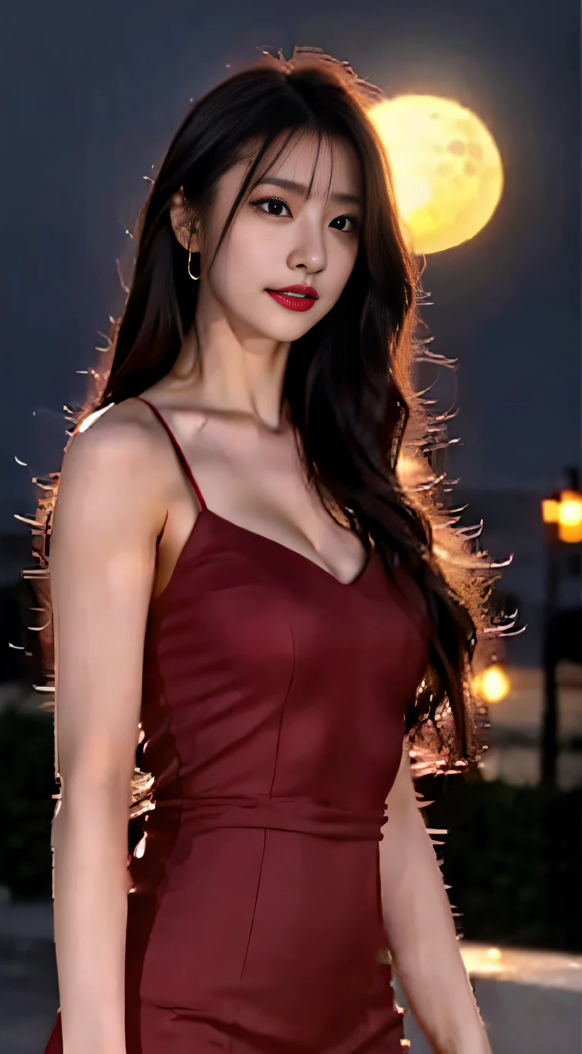 masterpiece, best quality,, sexy women, (colorful),(finely detailed beautiful eyes and detailed face),cinematic lighting,bust shot,extremely detailed CG unity 8k wallpaper,wavy hair,solo,angry face,red nightgown,((flying petal)), sky, cloudy_sky, building, moonlight, moon, night, (dark theme:1.3), light, fantasy, fullbody shot, cowboy shots, bring the umbrella:1.4