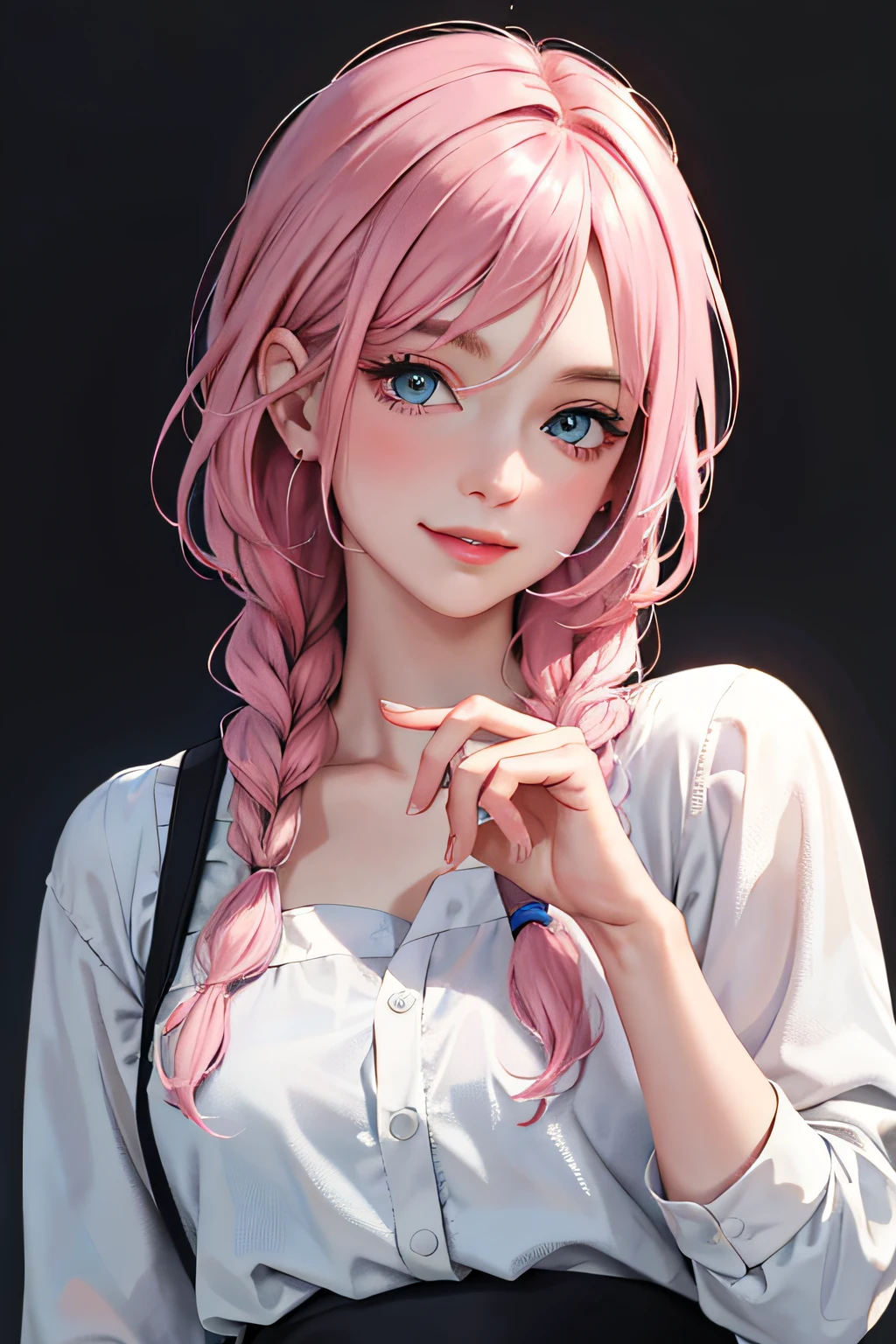 (masterpiece:1.2, best quality), (real picture, intricate details), 1lady, solo, upper body, casual, single braid pink hair, blue eyes, minimal makeup, natural fabrics, close-up face, smile, home