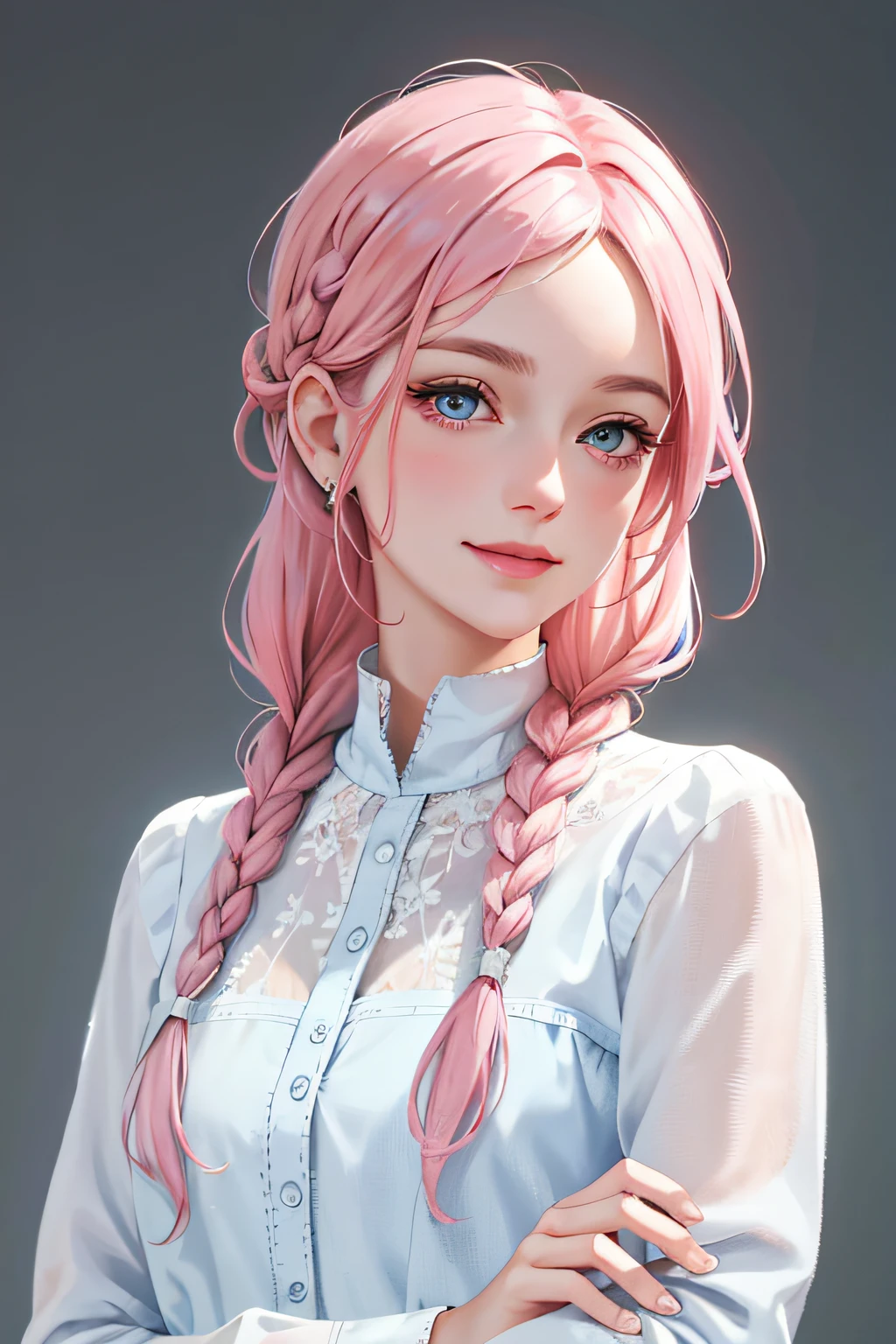 (masterpiece:1.2, best quality), (real picture, intricate details), 1lady, solo, upper body, casual, single braid pink hair, blue eyes, minimal makeup, natural fabrics, close-up face, smile, home
