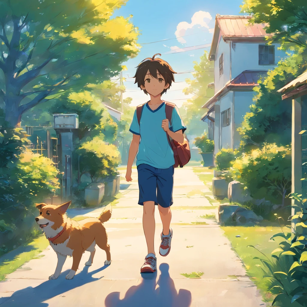 Cool boy holding a soccer ball　Cute little girl is walking puppy　There is a house nearby and a car is parked in front of it.　There are trees in the garden　Sun in the sky　High Quality　发光