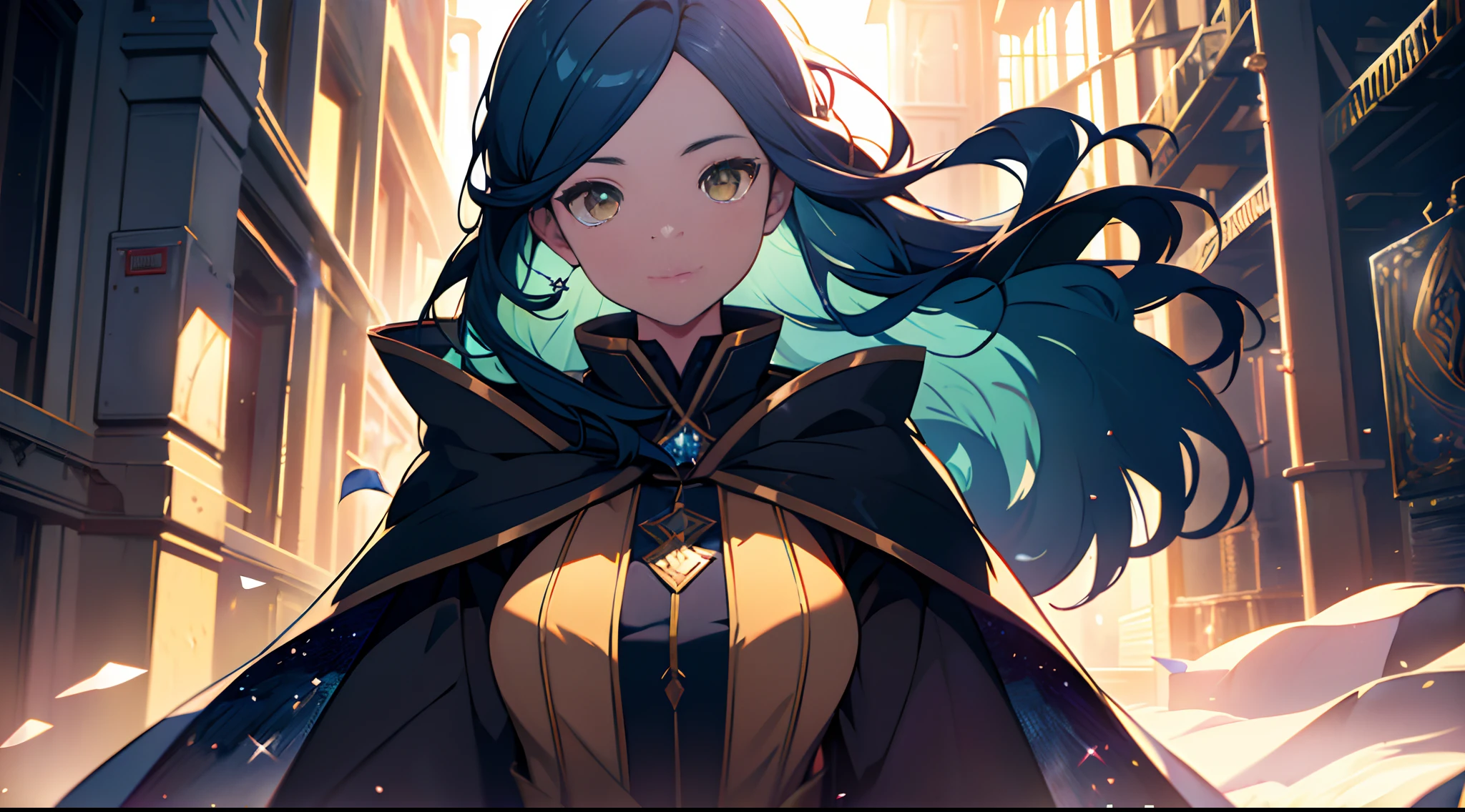 1 mature girl with long blue hair and yellow eyes looking at camera, alone, High detail mature face, long blue hair, one side tie hair, golden eyes, holy priest dress, yellow cloak, high res, ultra sharp, 8k, masterpiece, looking at viewer, Sharp eyes, magical explosion, fantasy magical building, people ride on the beast, School Dorm, ((Best quality)), ((masterpiece)), 3D, HDR (High Dynamic Range),Ray Tracing, NVIDIA RTX, Super-Resolution, Unreal 5,Subsurface scattering, PBR Texturing, Post-processing, Anisotropic Filtering, Depth-of-field, Maximum clarity and sharpness, Multi-layered textures, Albedo and Specular maps, Surface shading, Accurate simulation of light-material interaction, Perfect proportions, Octane Render, Two-tone lighting, Wide aperture, Low ISO, White balance, Rule of thirds,8K RAW, Aura, masterpiece, best quality, Mysterious expression, magical effects like sparkles or energy, flowing robes or enchanting attire, mechanic creatures or mystical background, rim lighting, side lighting, cinematic light, ultra high res, 8k uhd, film grain, best shadow, delicate, RAW, light particles, detailed skin texture, detailed cloth texture, beautiful face, fighting stance