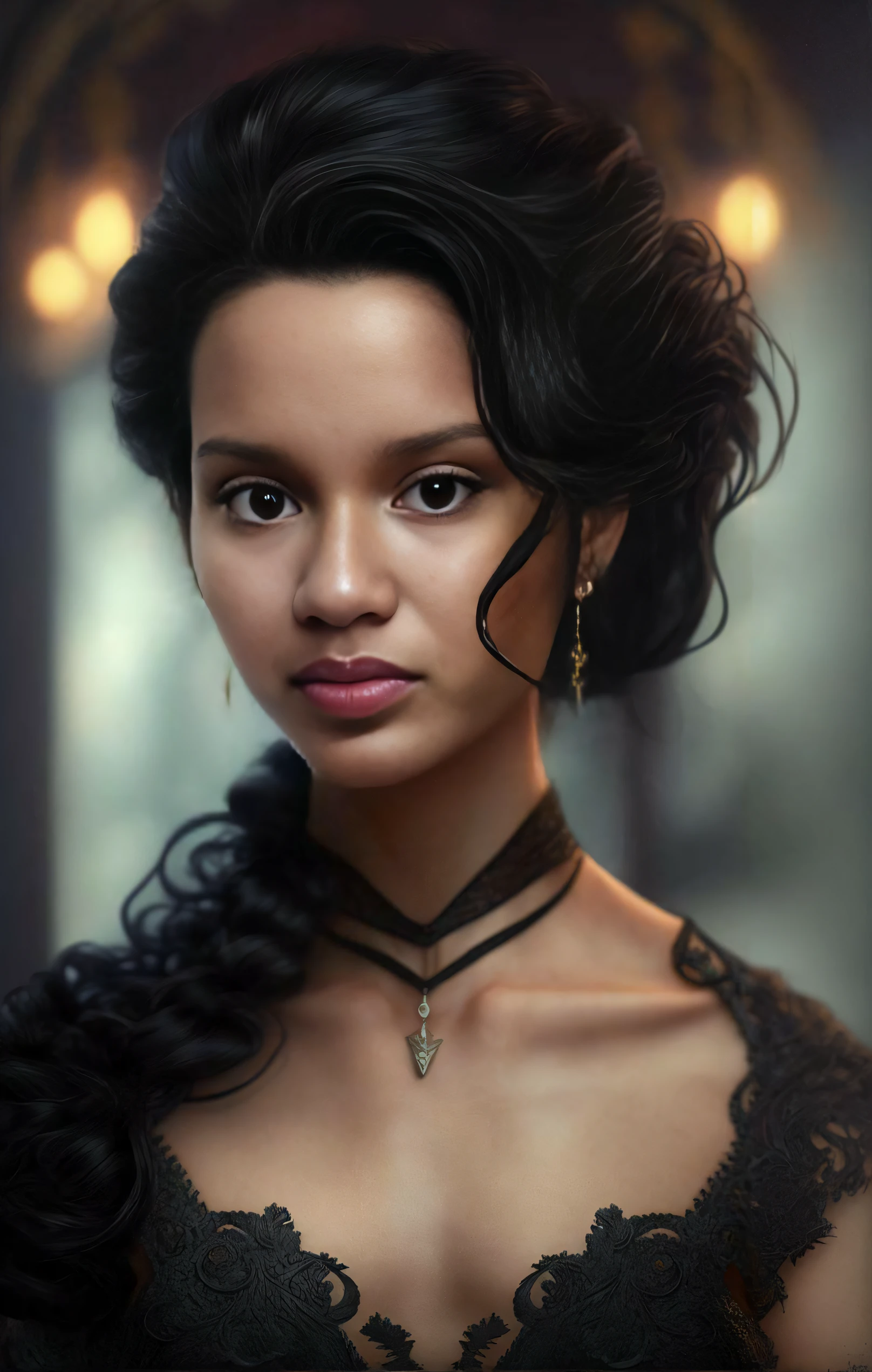 um close up de uma mulher com um colar e uma gargantilha, Retrato CGSetivity, mulher linda, tom bagshaw weta studio, eve ventrue, Cinematic realistic portrait, beautiful portrait, retrato impressionante, Uma bela mulher vitoriana, retrato muito bonito, Fanart, Arte Estilo Tom Bagshaw, Directed by: Adam Marczyński, lindo retrato, vampiro vitoriano elegante, retrato bonito detalhado